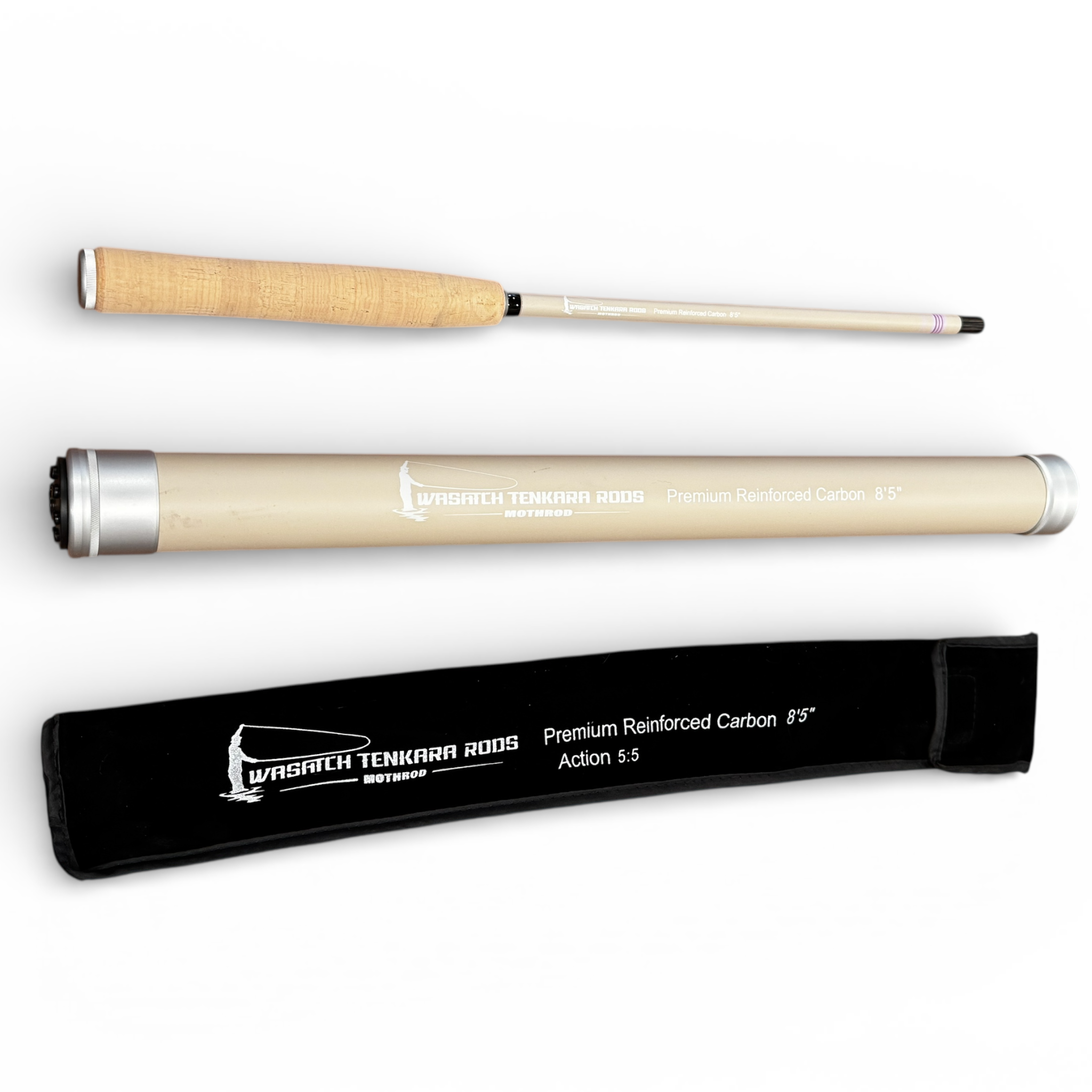 Tenkara Rod and case with 'Wasatch Tenkara Rods' branding on a white background