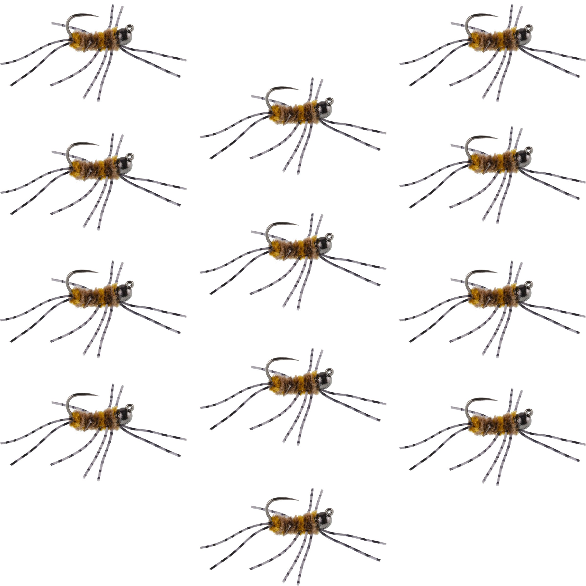 Barbless Pat's Barred Rubber Legs Tungsten Bead Jigged Coffee/Tan Euro Nymph - Set of 12 Flies Hook Size 6