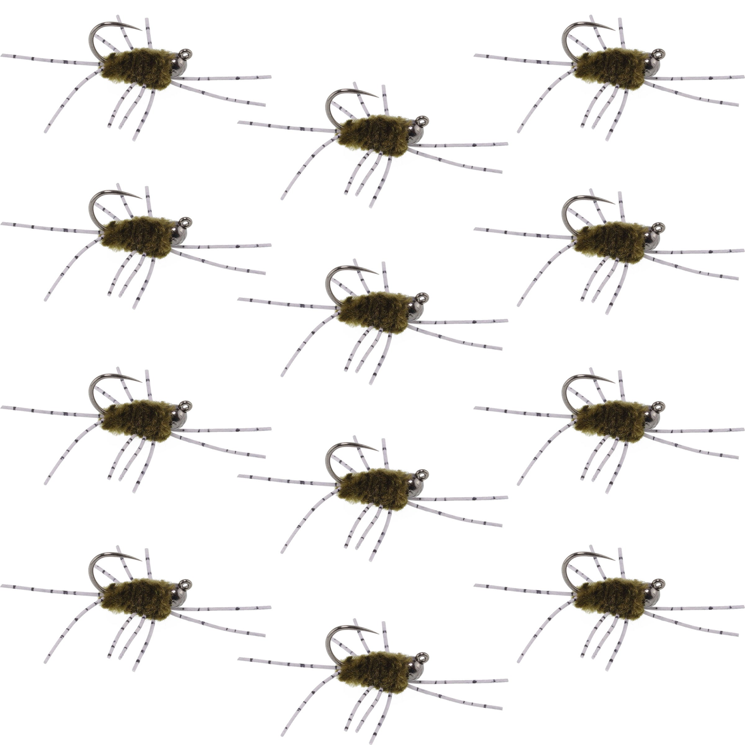 Barbless Pat's Barred Rubber Legs Tungsten Bead Jigged Dark Olive Euro Nymph - Set of 12 Flies Hook Size 6