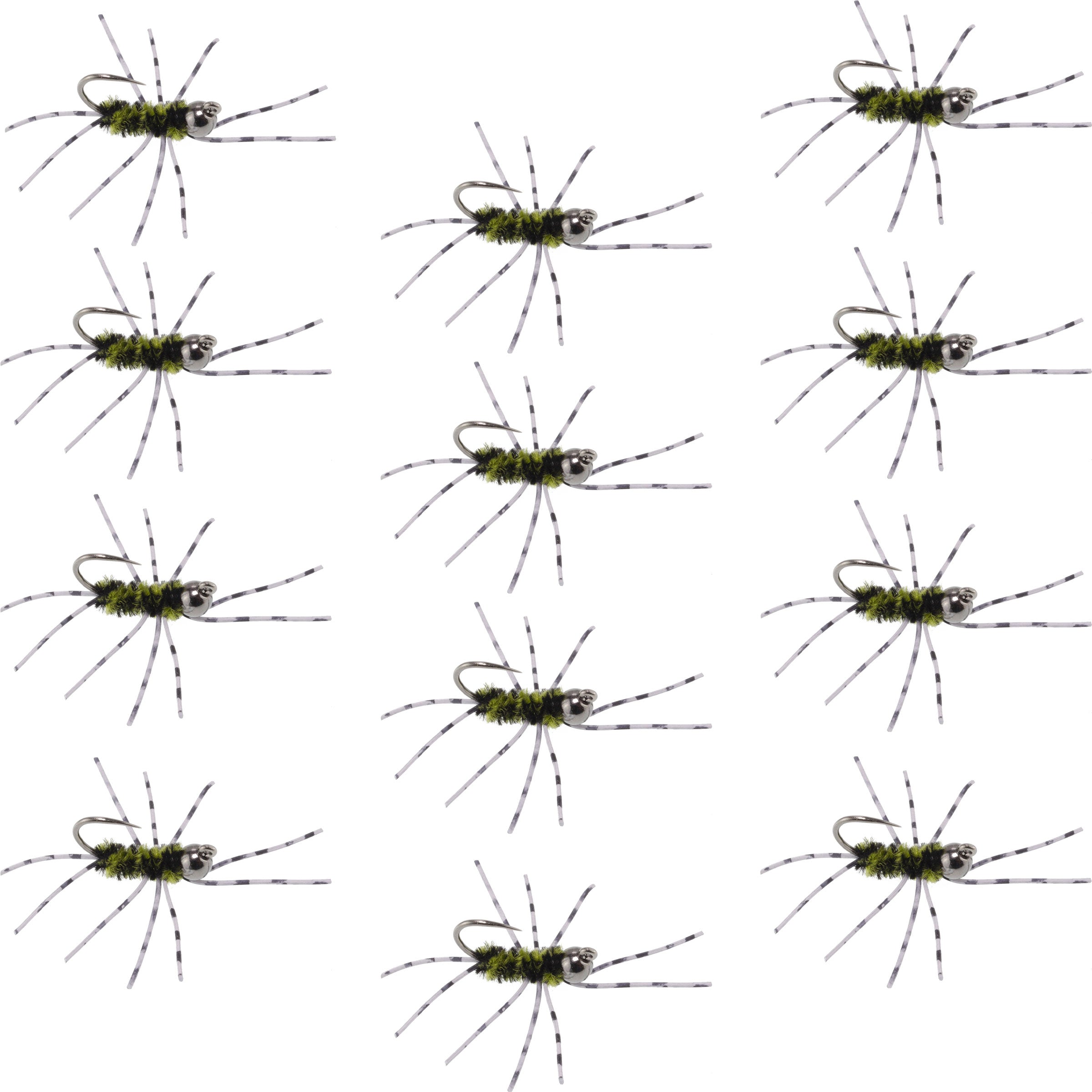 Barbless Pat's Barred Rubber Legs Tungsten Bead Jigged Black/Olive Euro Nymph - Set of 12 Flies Hook Size 6