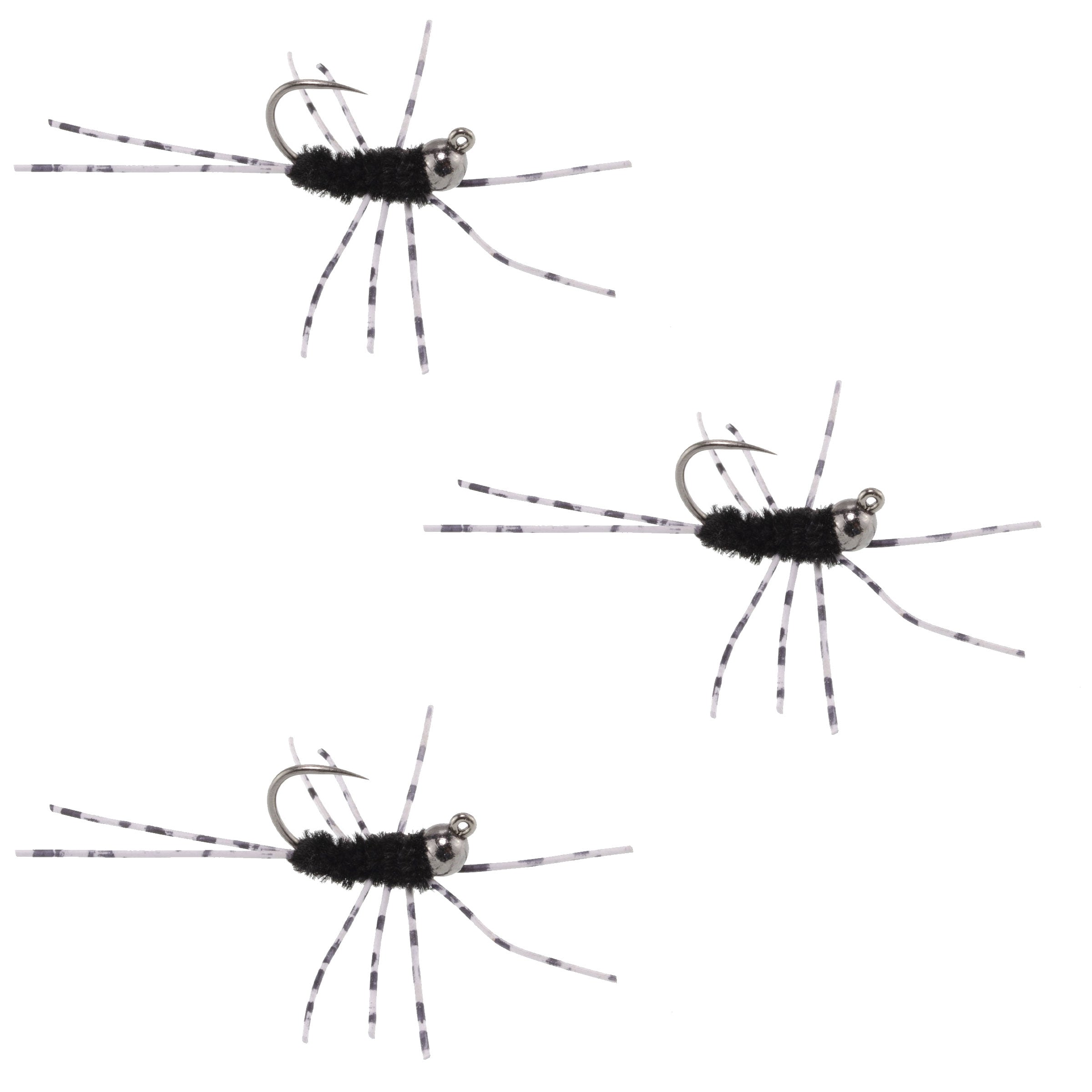 3 Pack Barbless Pat's Barred Rubber Legs Tungsten Bead Jigged Black Euro Nymph - Hook Size 6 (Copy)