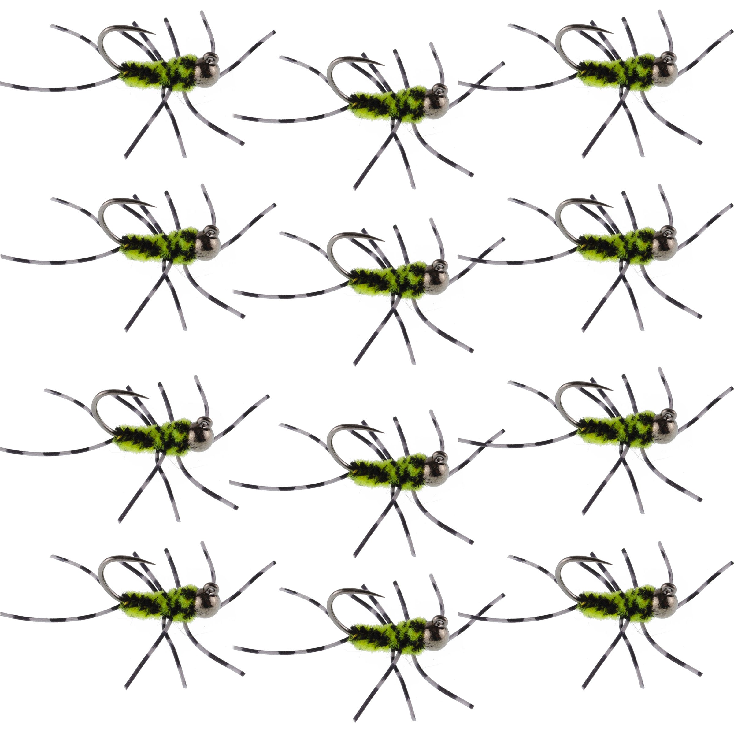 Barbless Pat's Barred Rubber Legs Tungsten Bead Jigged Black/Chartreuse Euro Nymph - Set of 12 Flies Hook Size 6