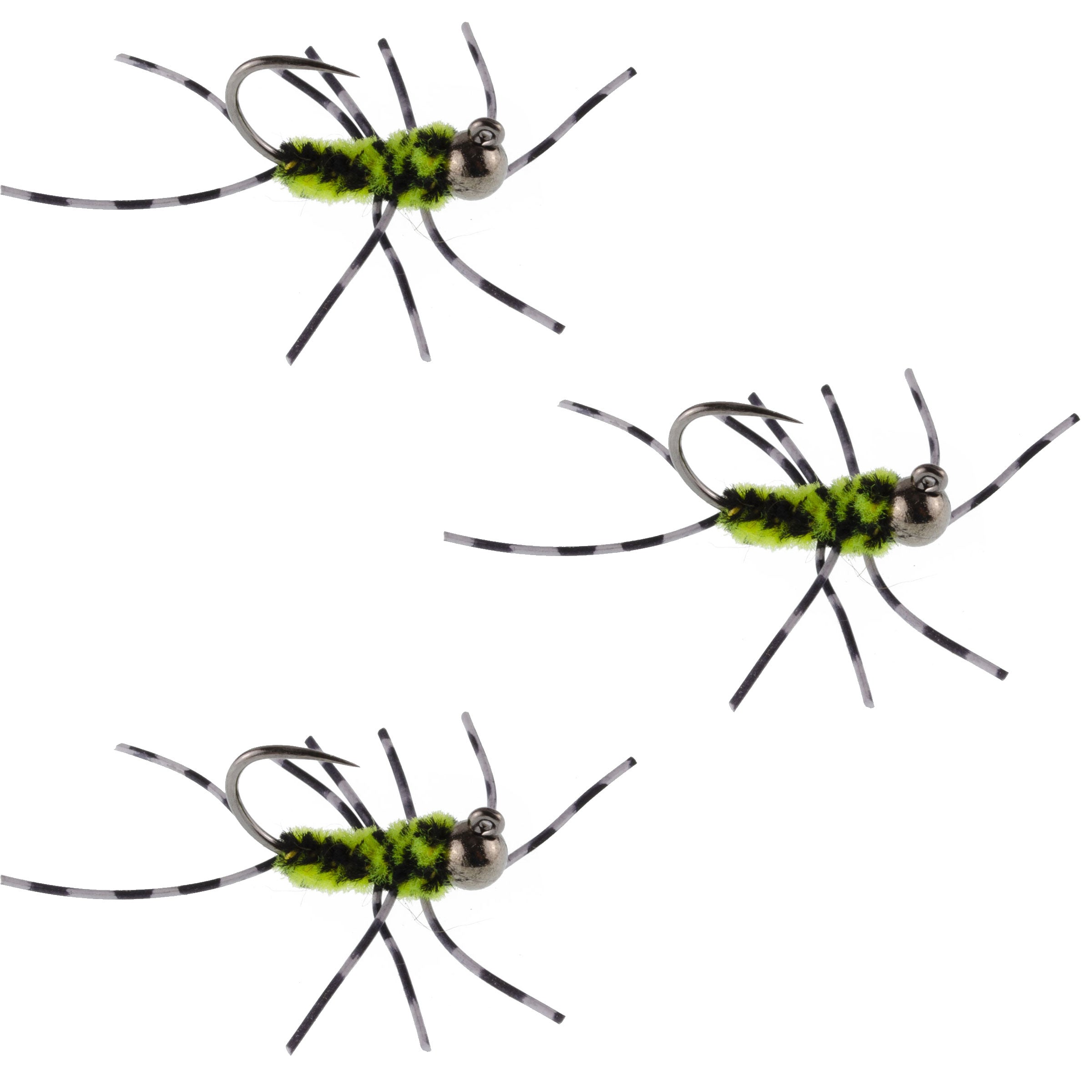 3 Pack Barbless Pat's Barred Rubber Legs Tungsten Bead Jigged Black/Chartreuse Euro Nymph - Hook Size 6
