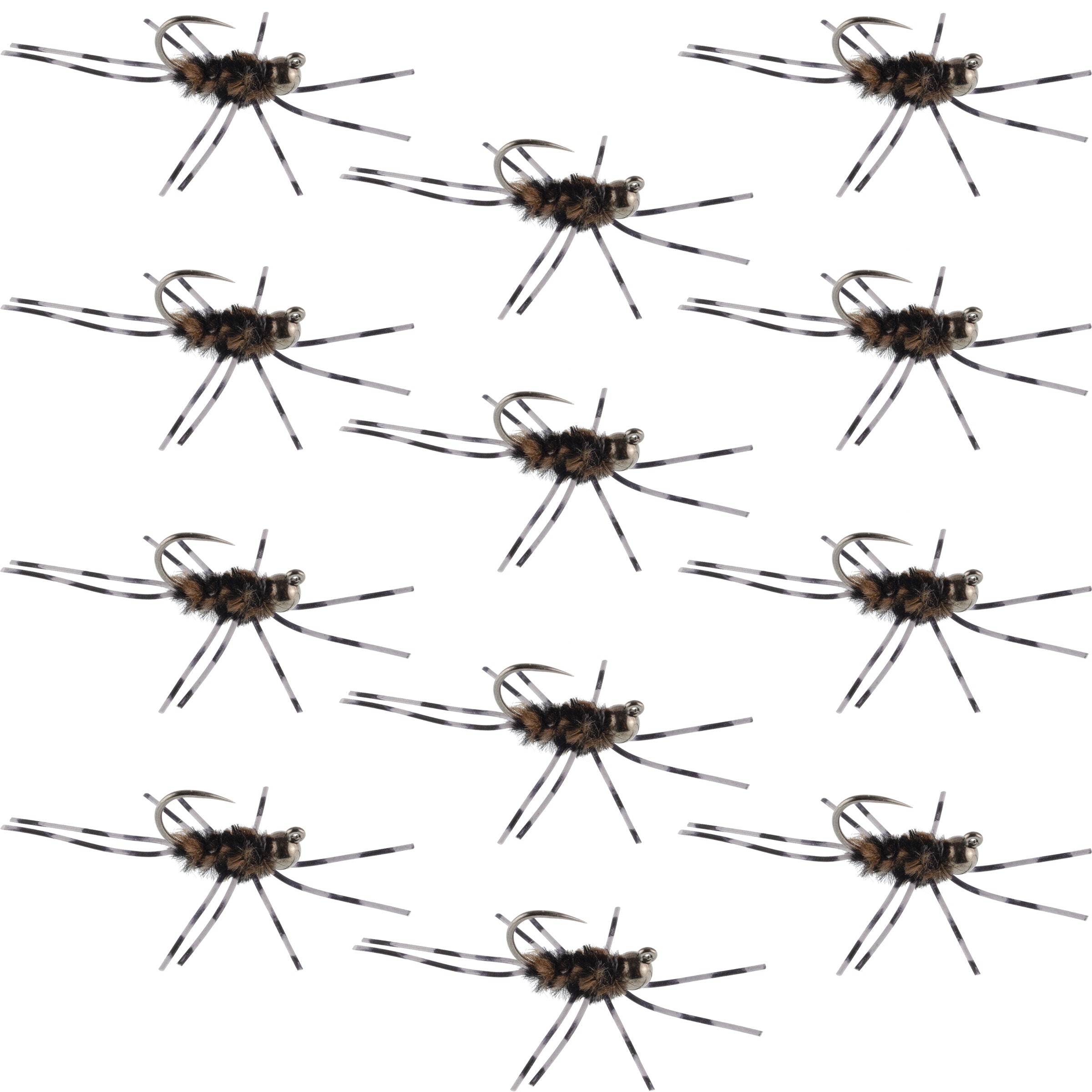 Barbless Pat's Barred Rubber Legs Tungsten Bead Jigged Coffee/Black Euro Nymph - Set of 12 Flies Hook Size 6