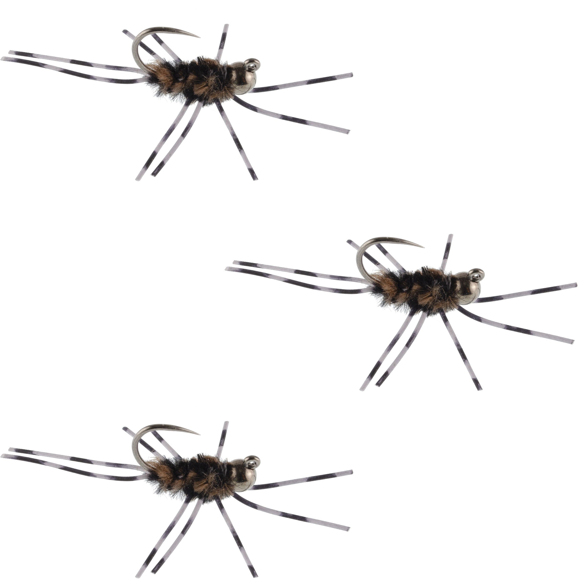 3 Pack Barbless Pat's Barred Rubber Legs Tungsten Bead Jigged Coffee/Black Euro Nymph - Hook Size 6