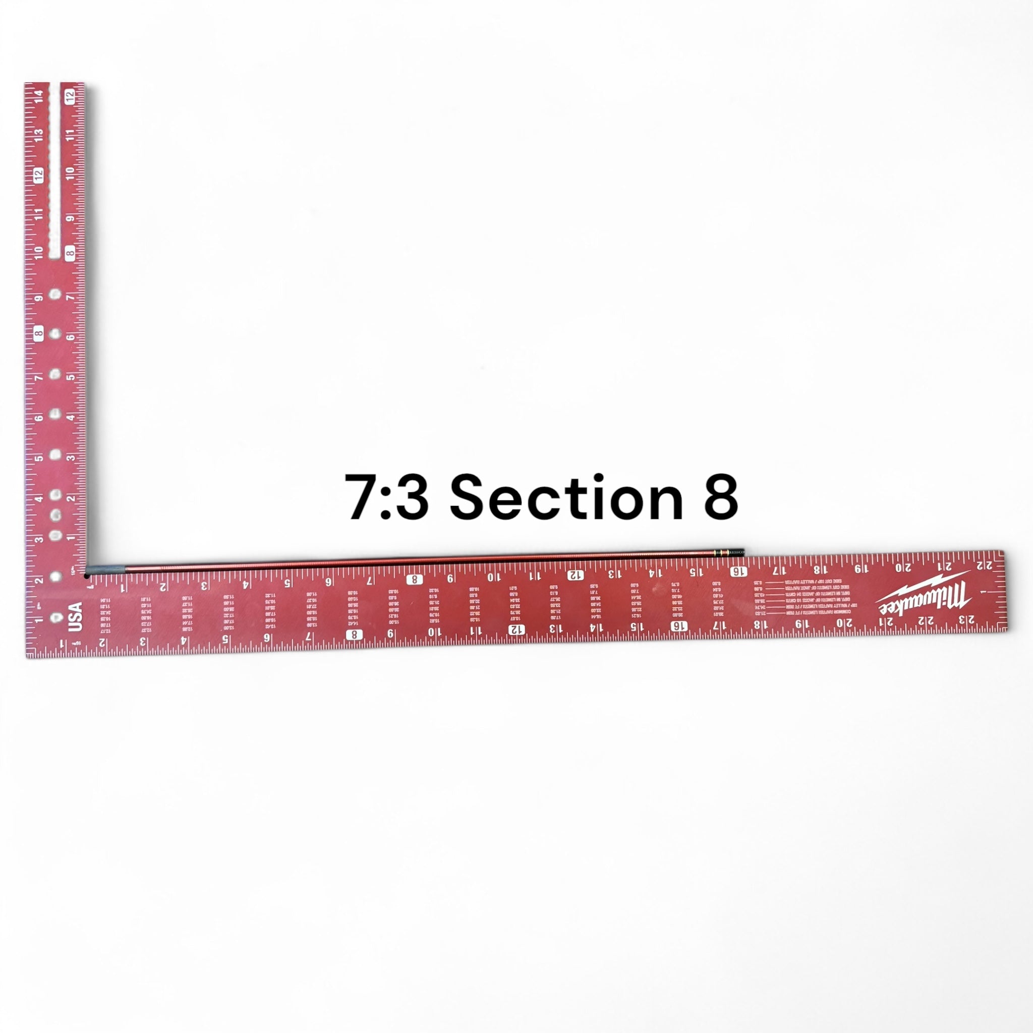 Image of the Akai Samurai Tenkara Rod’s Section 8 with 7:3 action, laid next to a red Milwaukee ruler for scale on a white background, labeled for identification.
