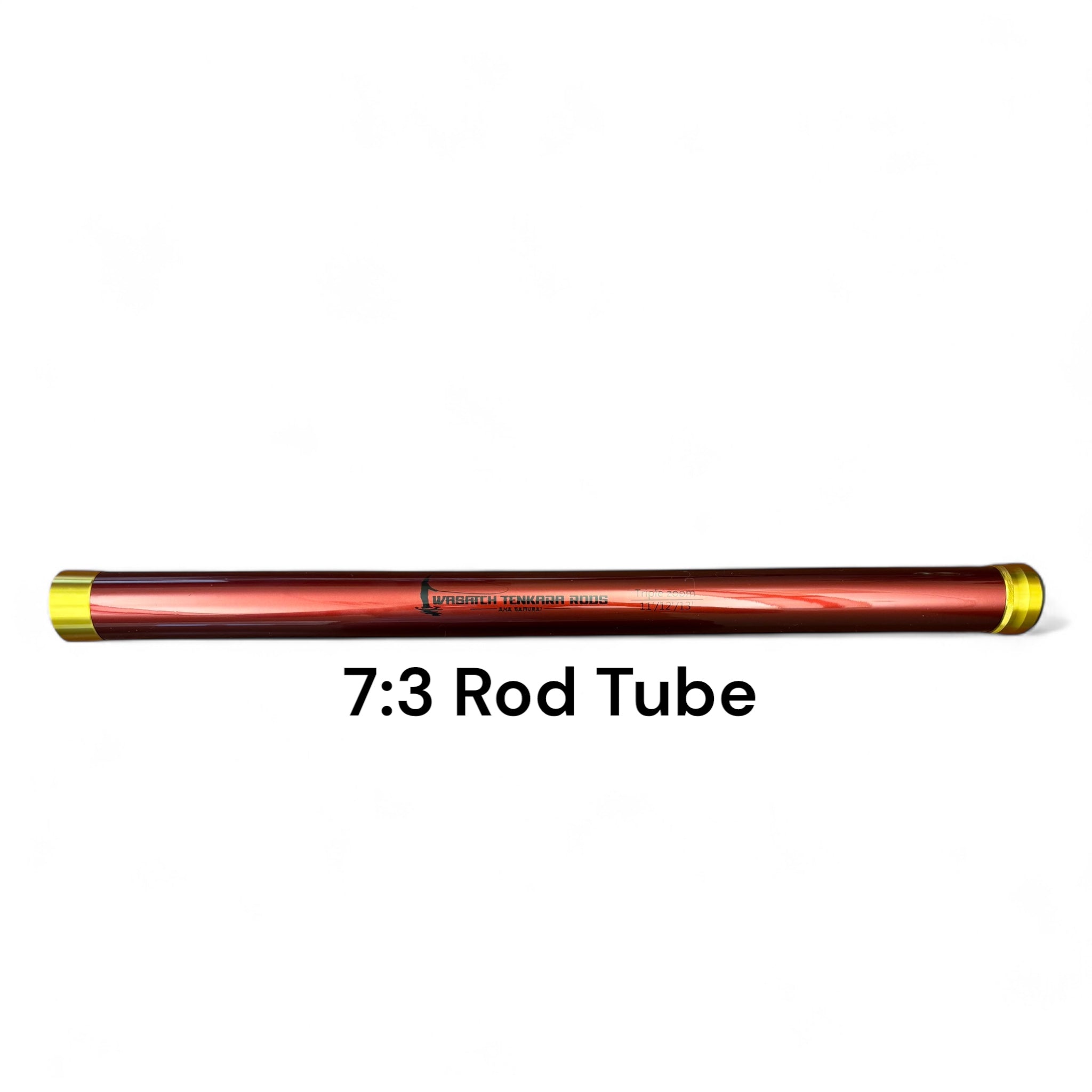 Durable red and gold protective rod tube for the Akai Samurai 7:3 Tenkara Rod, featuring black Wasatch Tenkara Rods branding and triple zoom size markings, displayed on a white background.