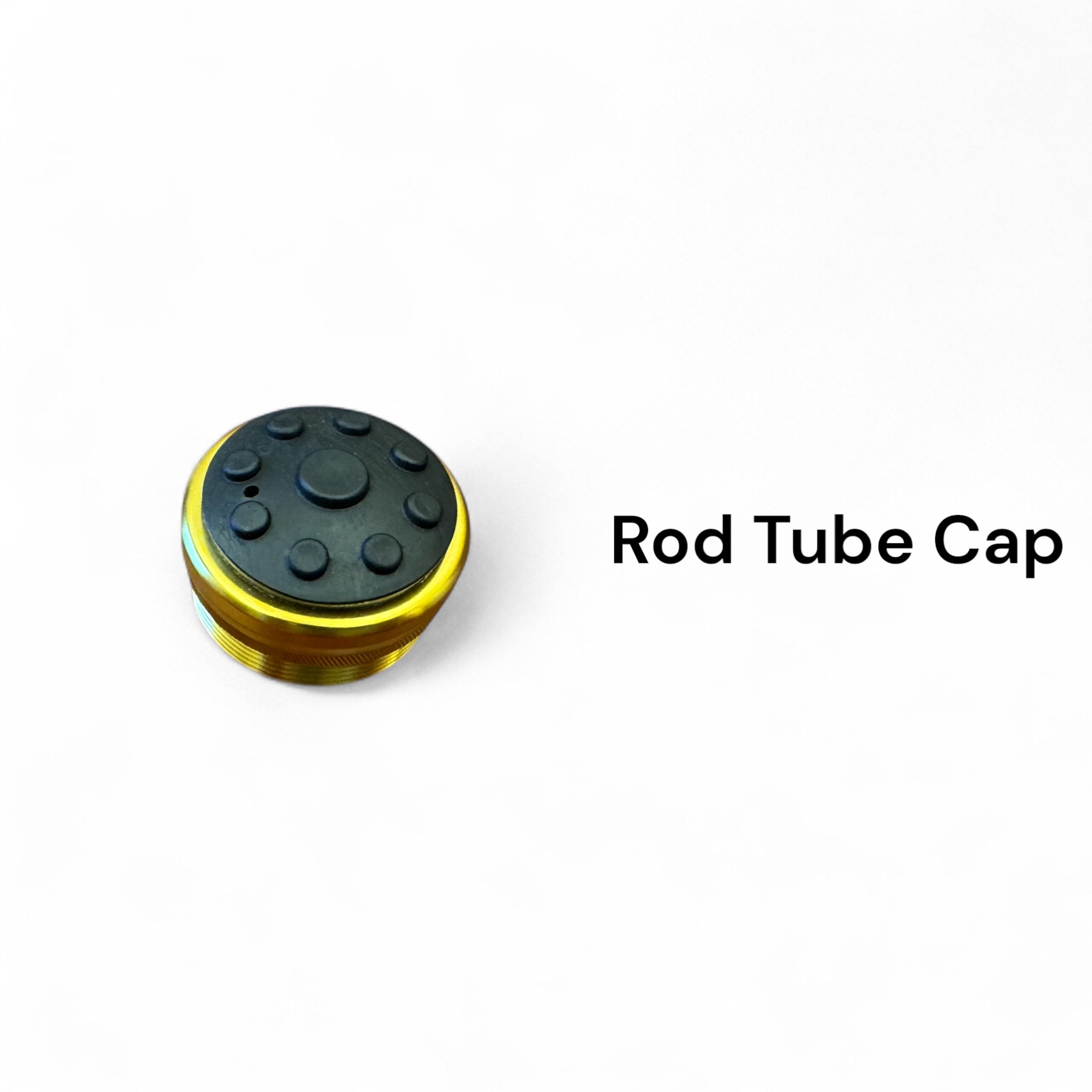 Close-up image of the Akai Samurai Tenkara Rod tube cap, featuring a threaded gold metal base with a black rubberized top for secure, protective sealing of the rod tube.