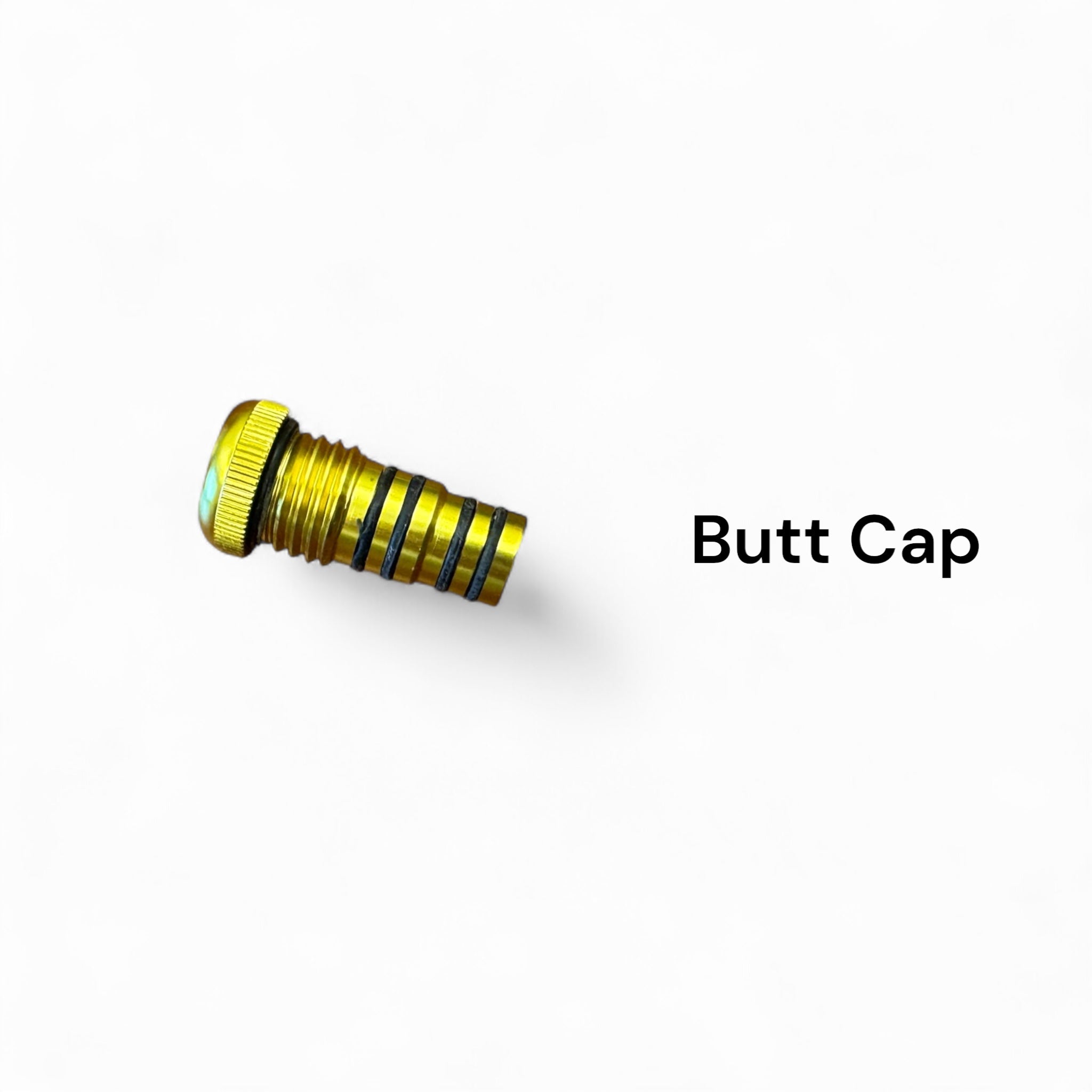 Threaded gold anodized metal butt cap for the Akai Samurai Tenkara Rod, featuring multiple rubber grip rings and a knurled head for secure attachment, shown on a white background.