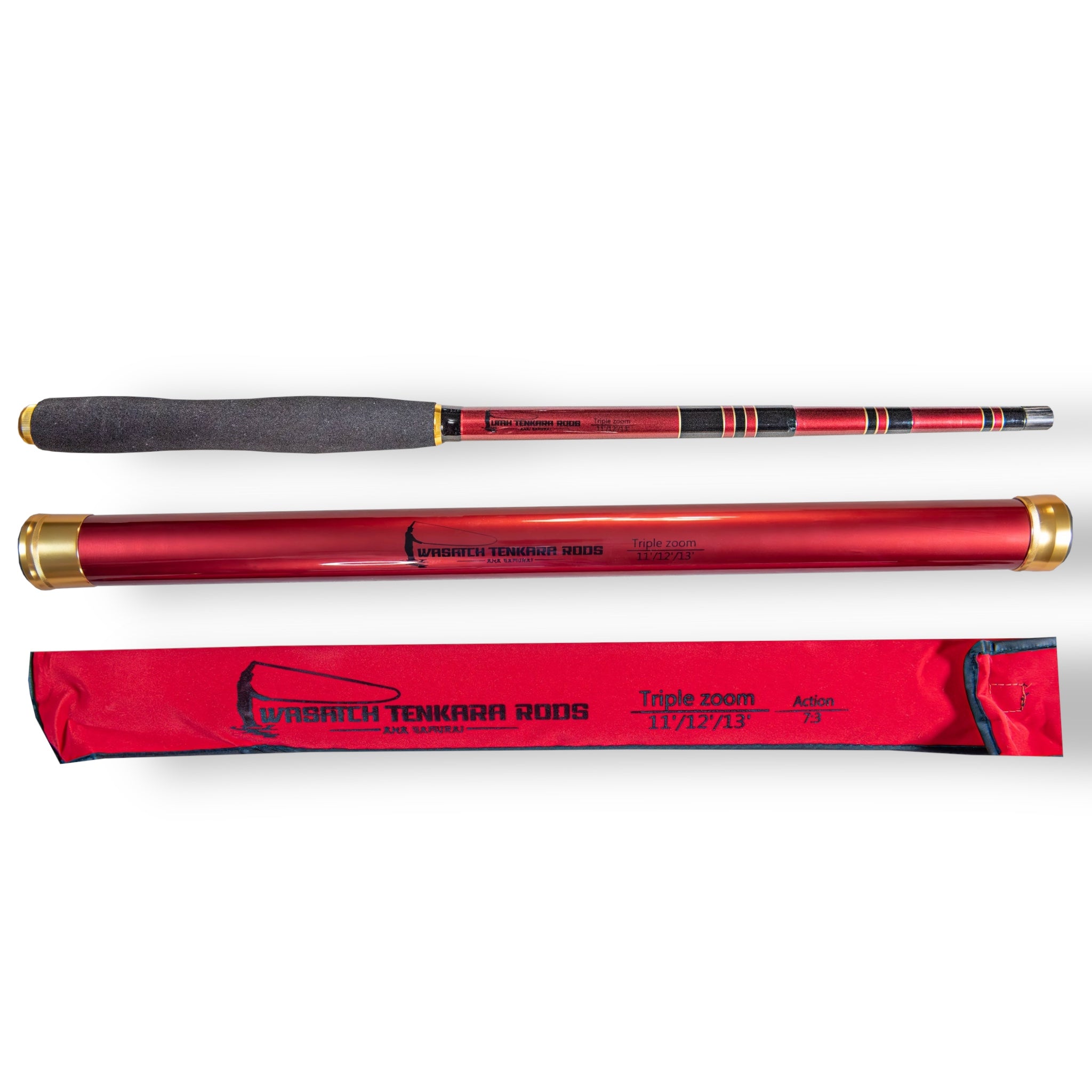 Complete set of the Akai Samurai Tenkara Rod including the rod with black foam handle, red aluminum rod tube with gold end caps, and red protective rod sock, labeled with triple zoom lengths (11'/12'/13') and 7:3 action.