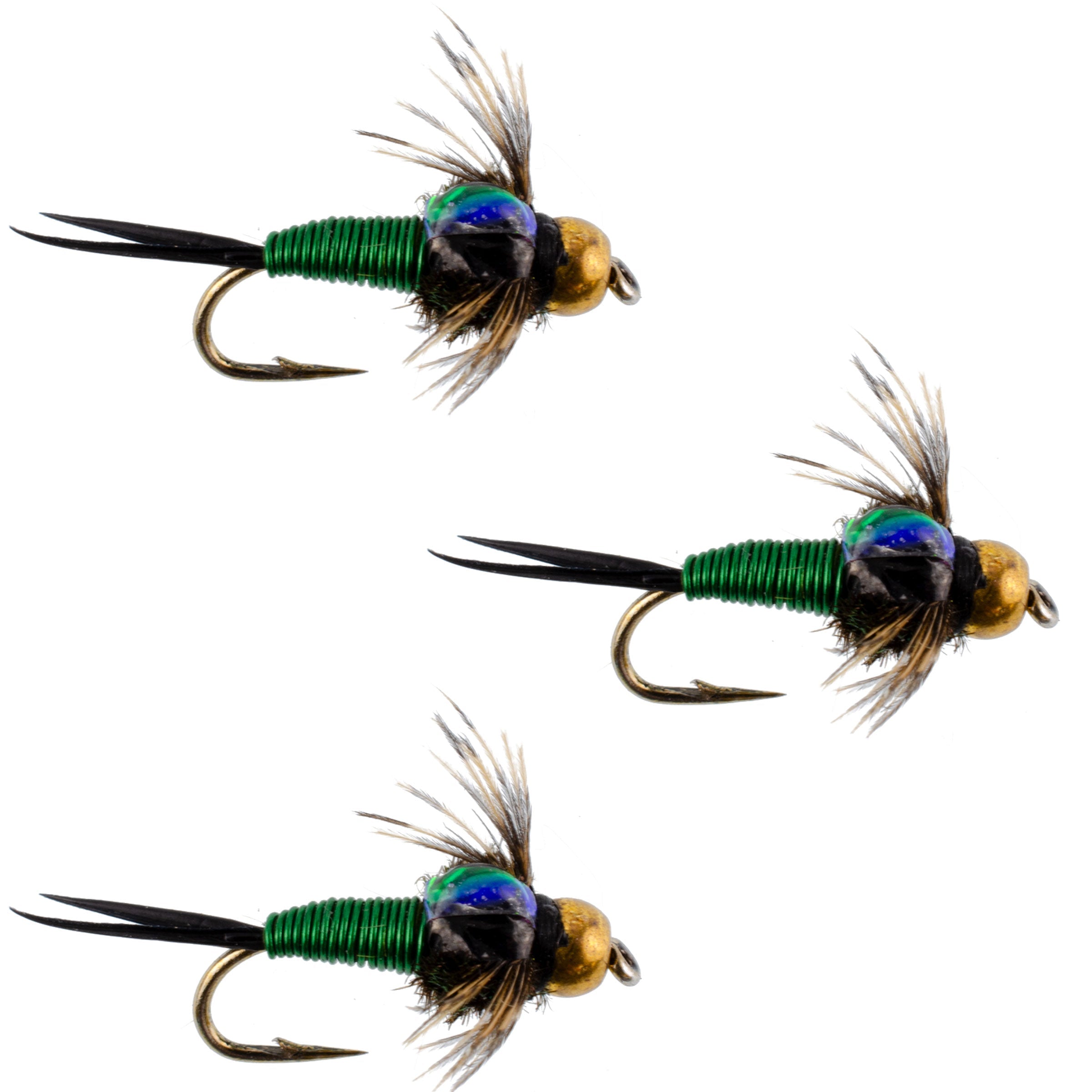3 Pack Bead Head Green Copper John Nymph Fly Fishing Flies - Hook Size 16