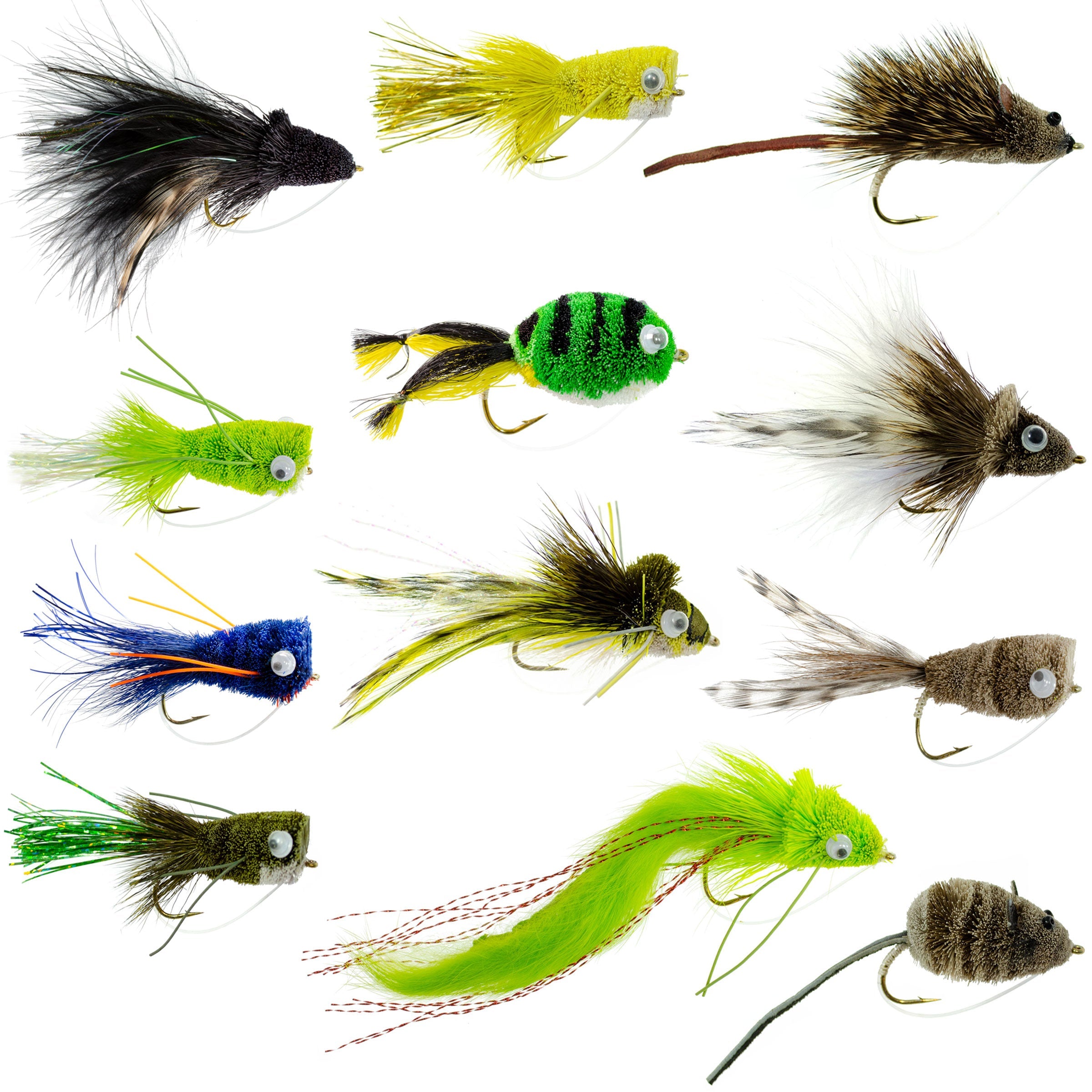 Bass Bug Collection - Set of 12 Bass Fly Fishing Flies - Surface Poppers Frog, Rat, Mouse and Divers - Hook Sizes 2,4, 6 and 8
