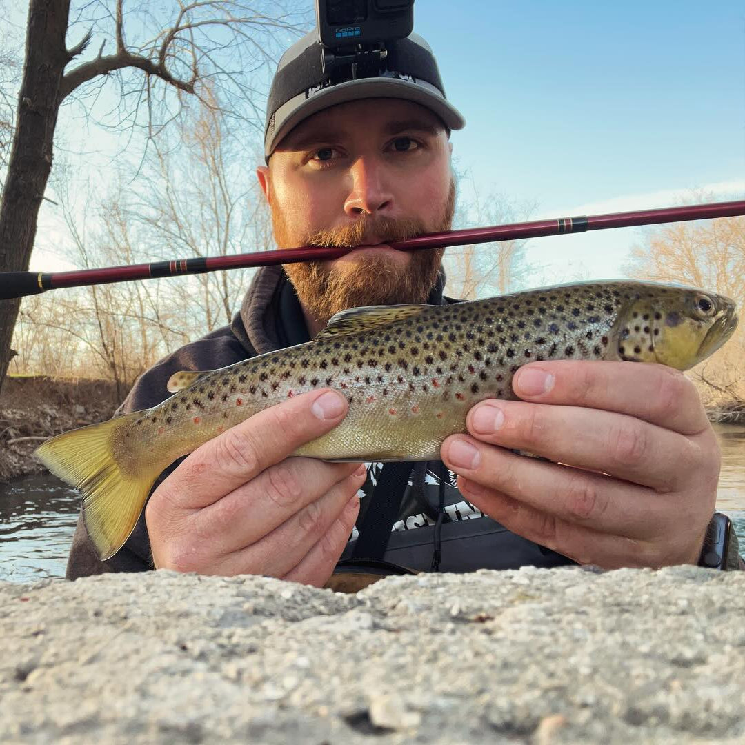 Angler holding a brown trout in front of a wooded stream, he was urban fishing, holding the red Akai Samurai Tenkara Rod in his mouth. The trout displays vibrant spots and golden coloring, captured during a successful outing.
