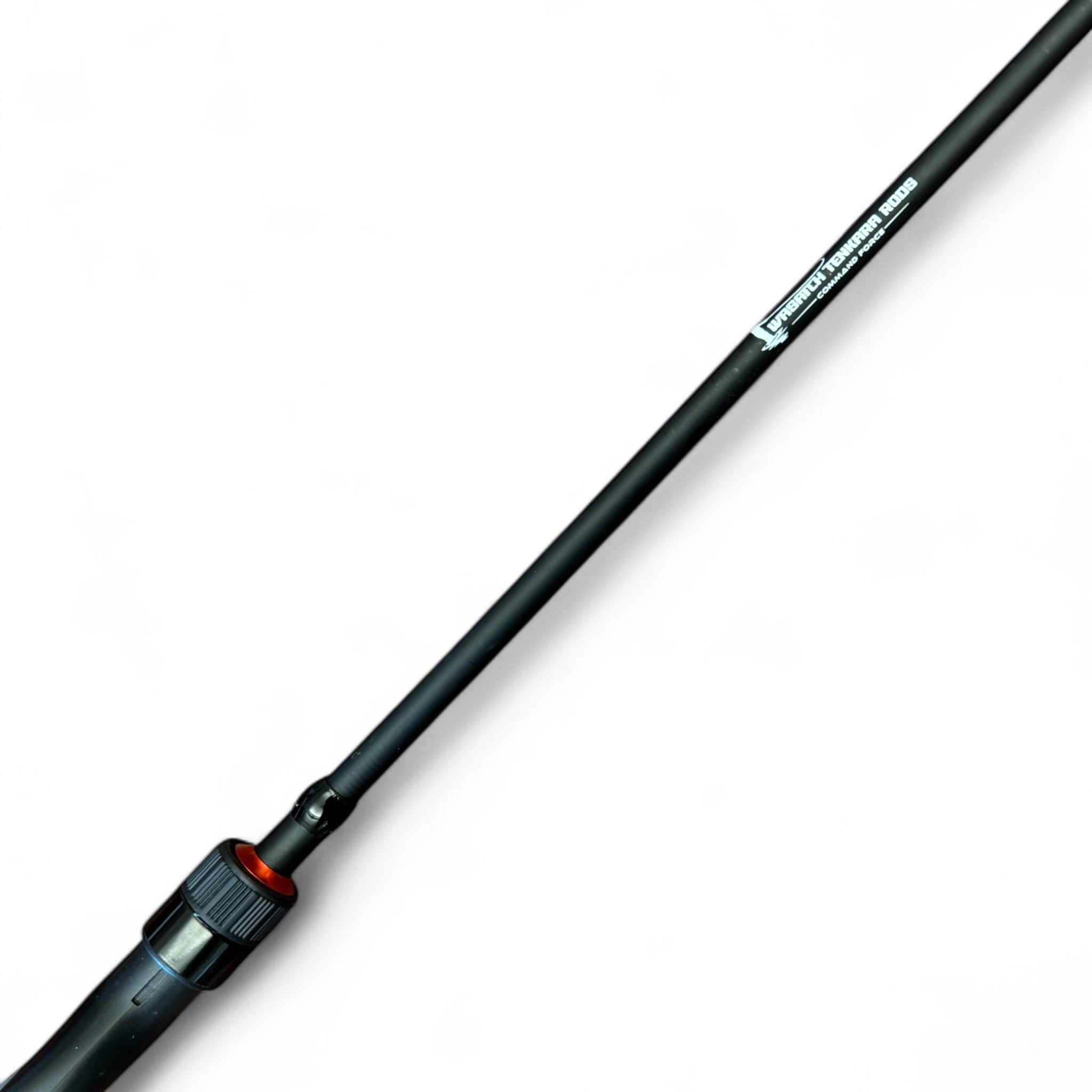 Close-up image showing the Wasatch Tenkara Rods Command Force logo and branding on the matte black carbon fiber rod blank, highlighting premium build quality and sleek design for serious spin fishing anglers.