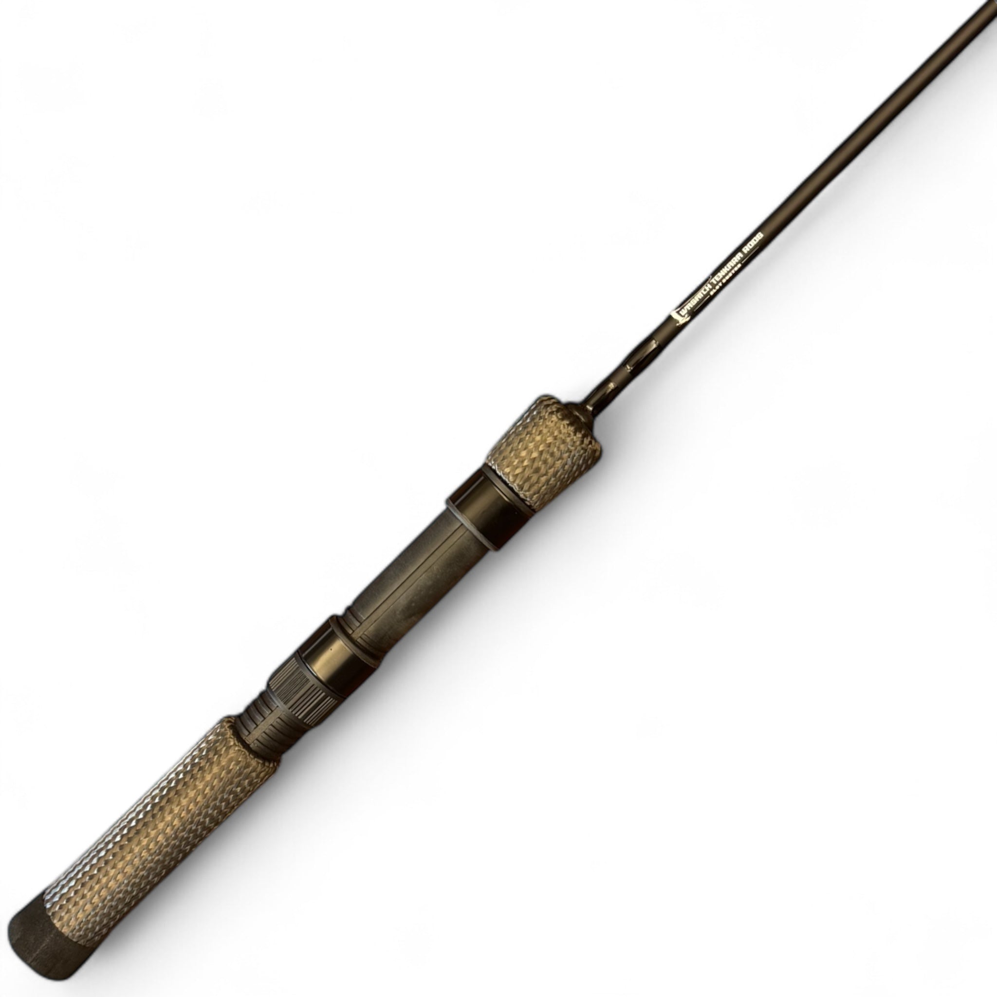 Detailed view of the Wasatch Tenkara Rods ice fishing rod handle featuring a durable carbon fiber body and raw carbon fiber grip, optimized for cold-weather angling and precision control.