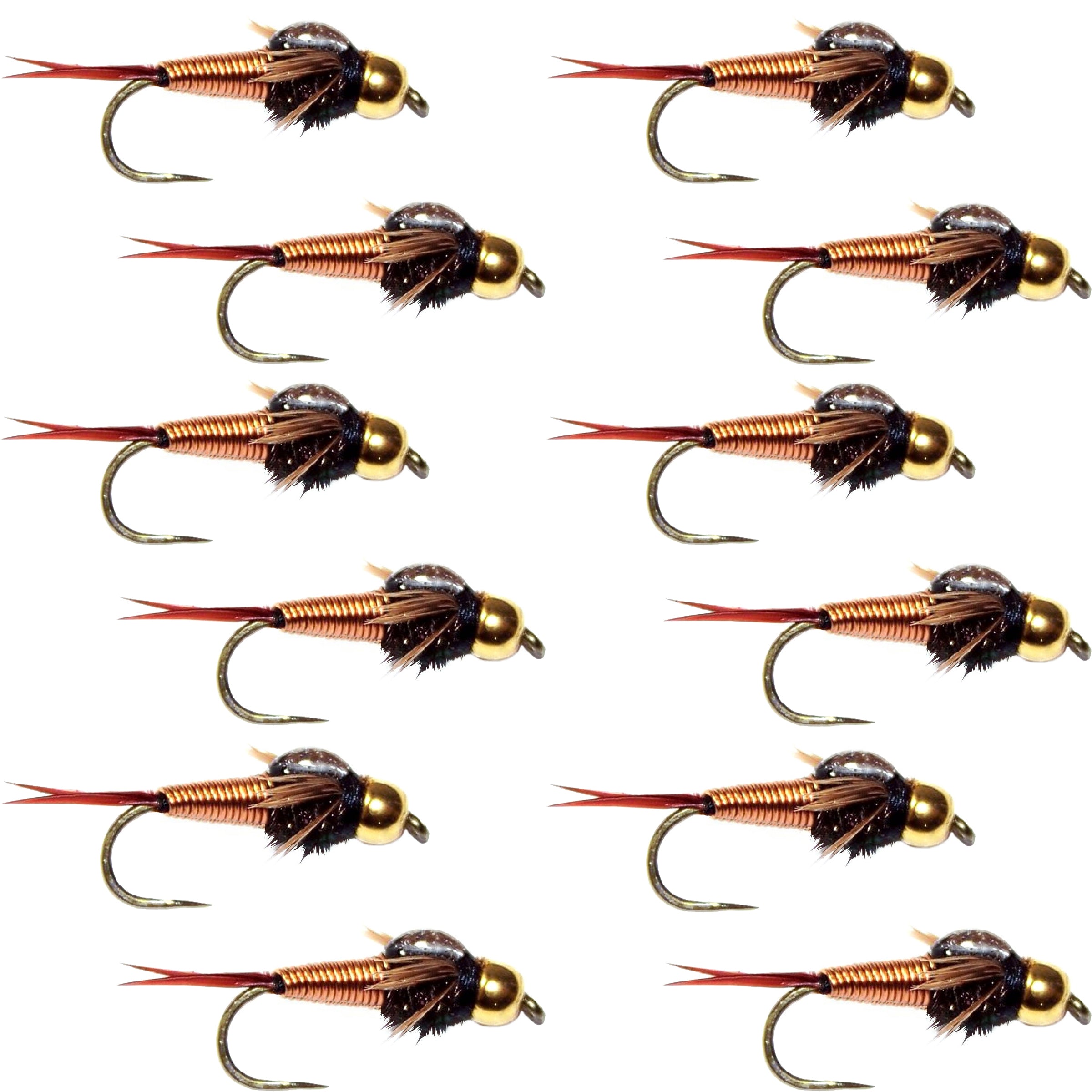 Barbless Bead Head Copper John Nymph Fly 1 Dozen Fishing Flies - Hook Size 14