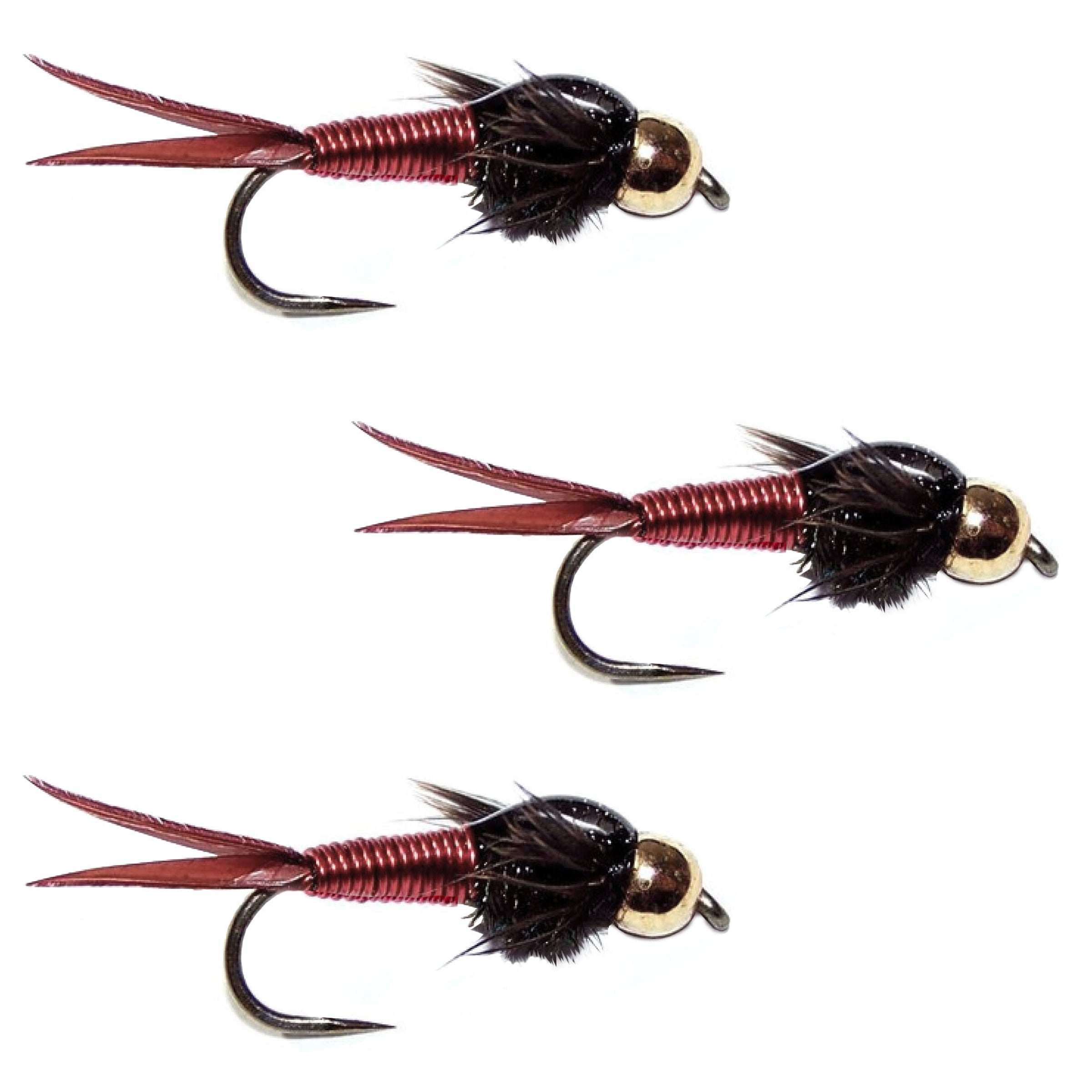 3 Pack Barbless Bead Head Red Copper John Nymph Fly Fishing Flies - Hook Size 14