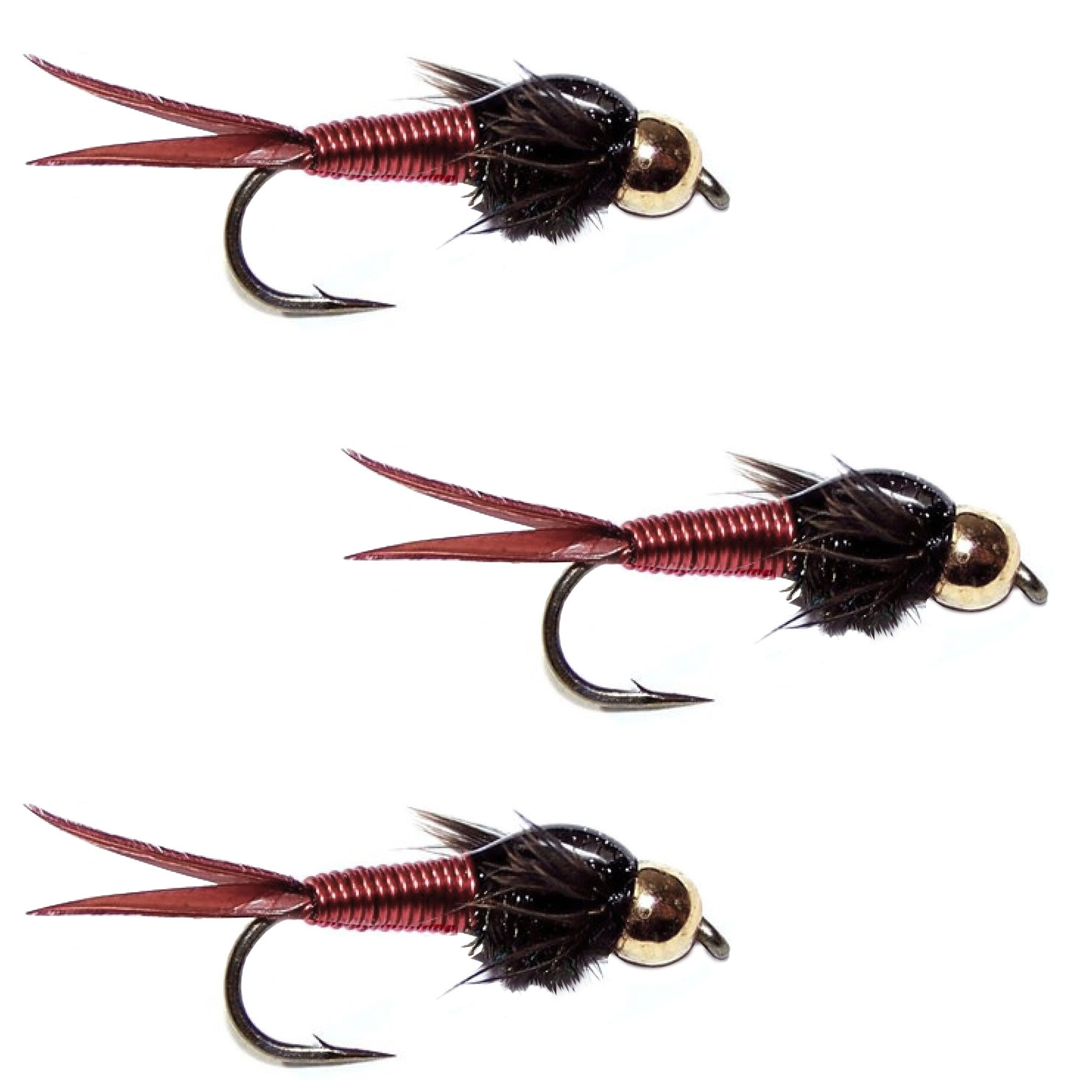 3 Pack Bead Head Red Copper John Nymph Fly Fishing Flies - Hook Size 18