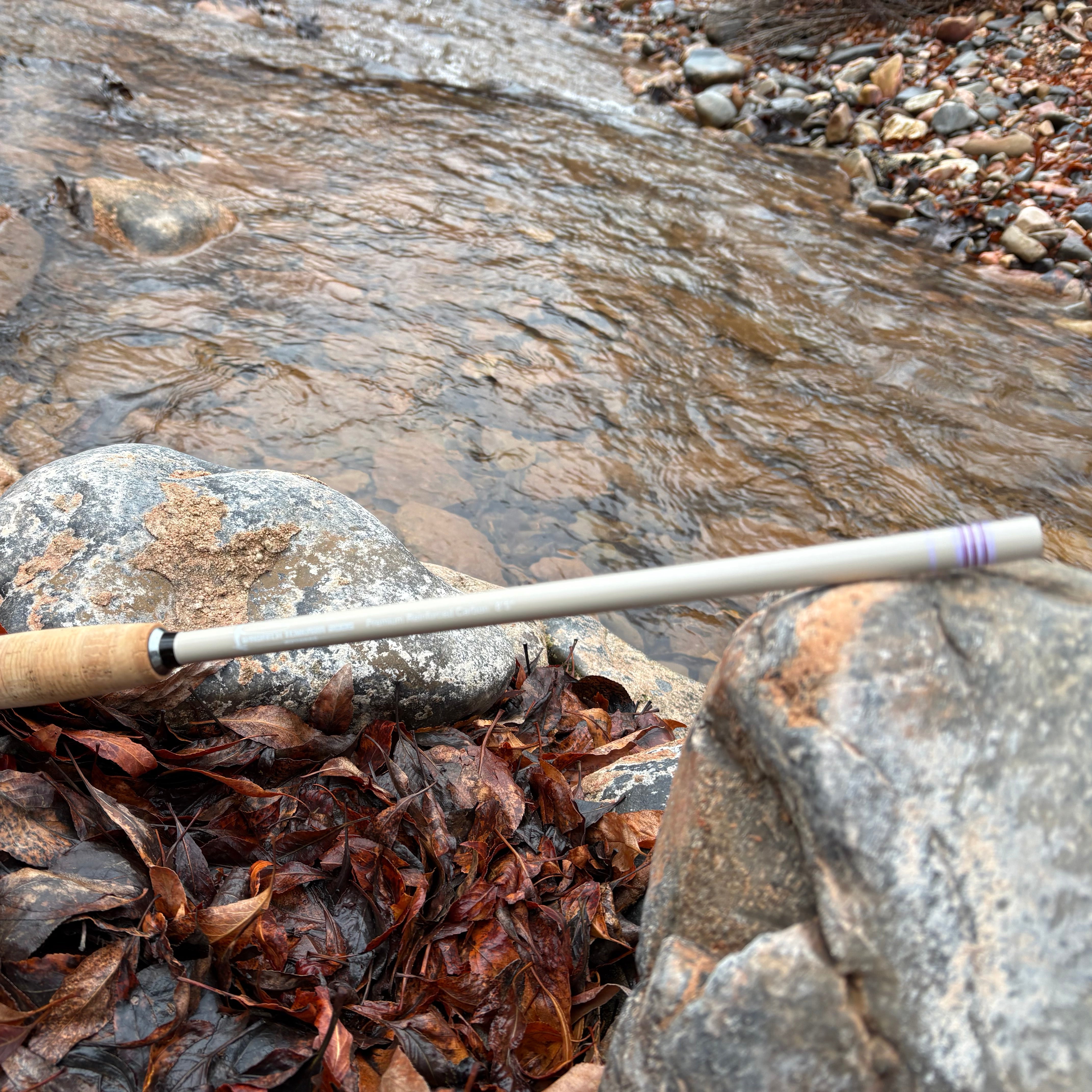 Fishing rod on a rocky surface with leaves