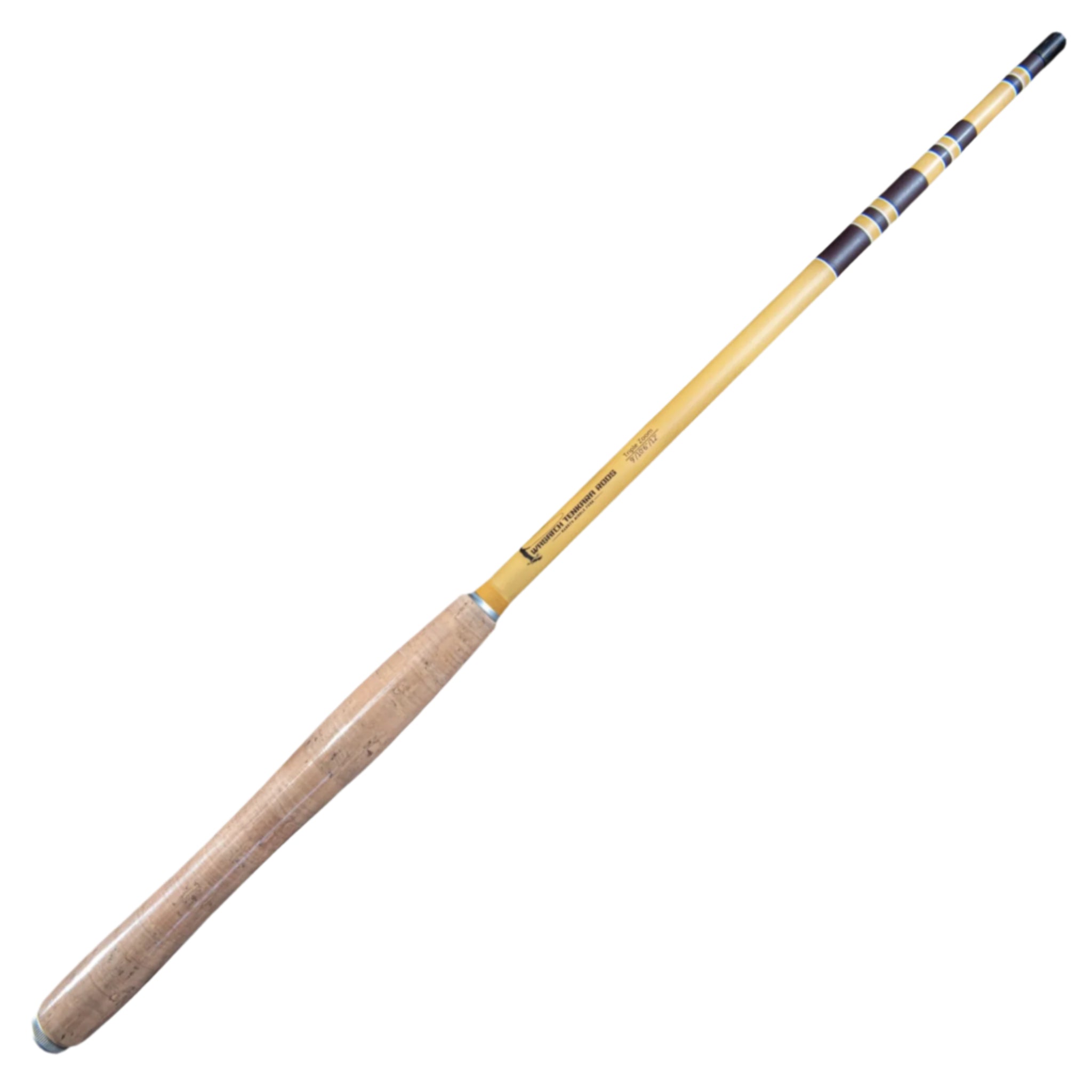 Full view of the Hankyu Middle Fork Tenkara Rod by Wasatch Tenkara Rods, featuring a premium cork handle and yellow carbon fiber body with brown accent bands—designed with triple zoom lengths for versatile backcountry fly fishing.