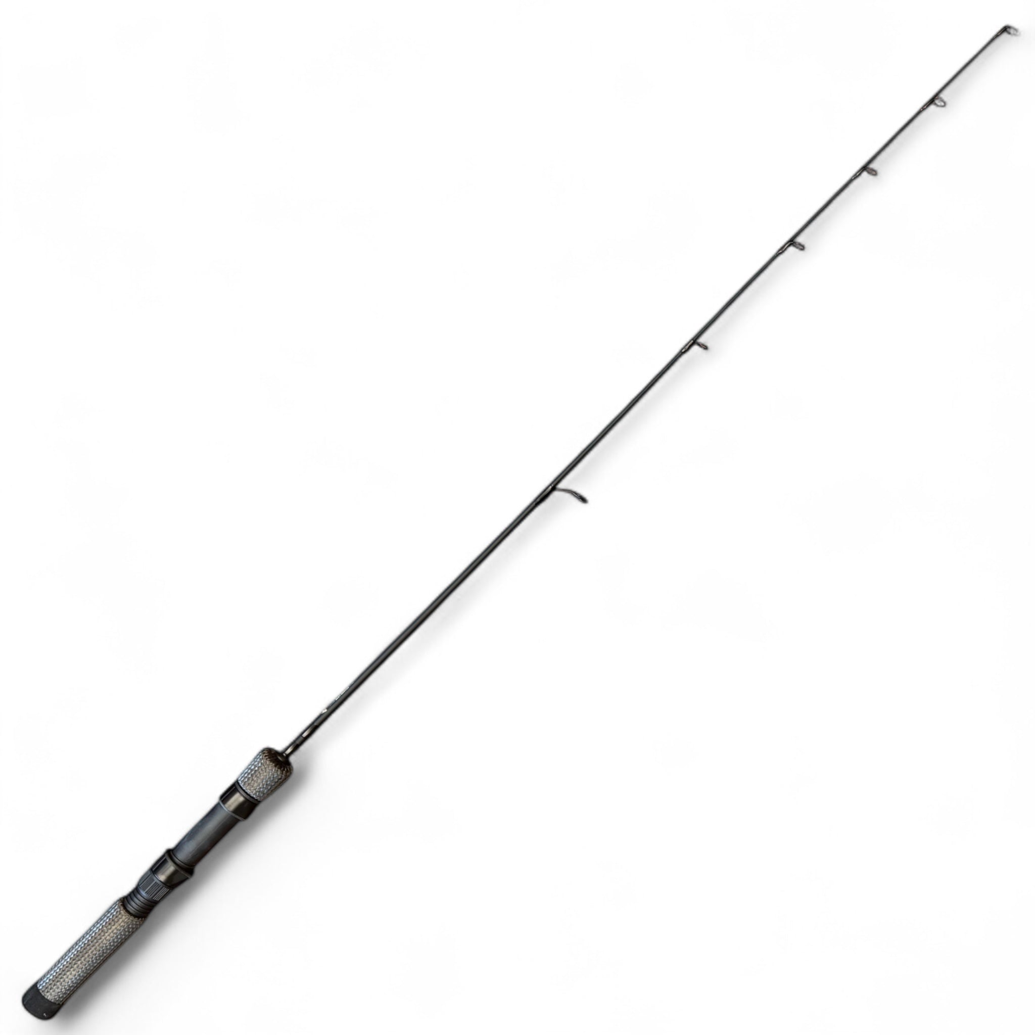 Close-up view of a modern ice fishing rod featuring a lightweight graphite handle and multiple line guides, ideal for precision and durability in cold weather angling.
