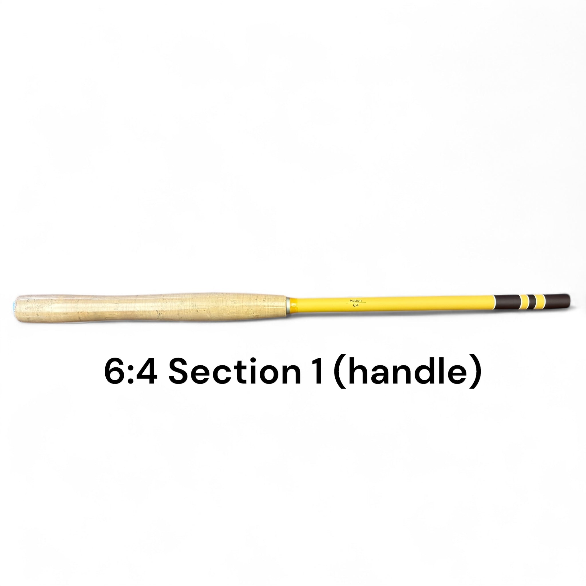 Close-up of the Section 1 handle from the Middle Fork 6:4 Tenkara Rod by Wasatch Tenkara Rods, featuring a cork grip and yellow carbon fiber body.