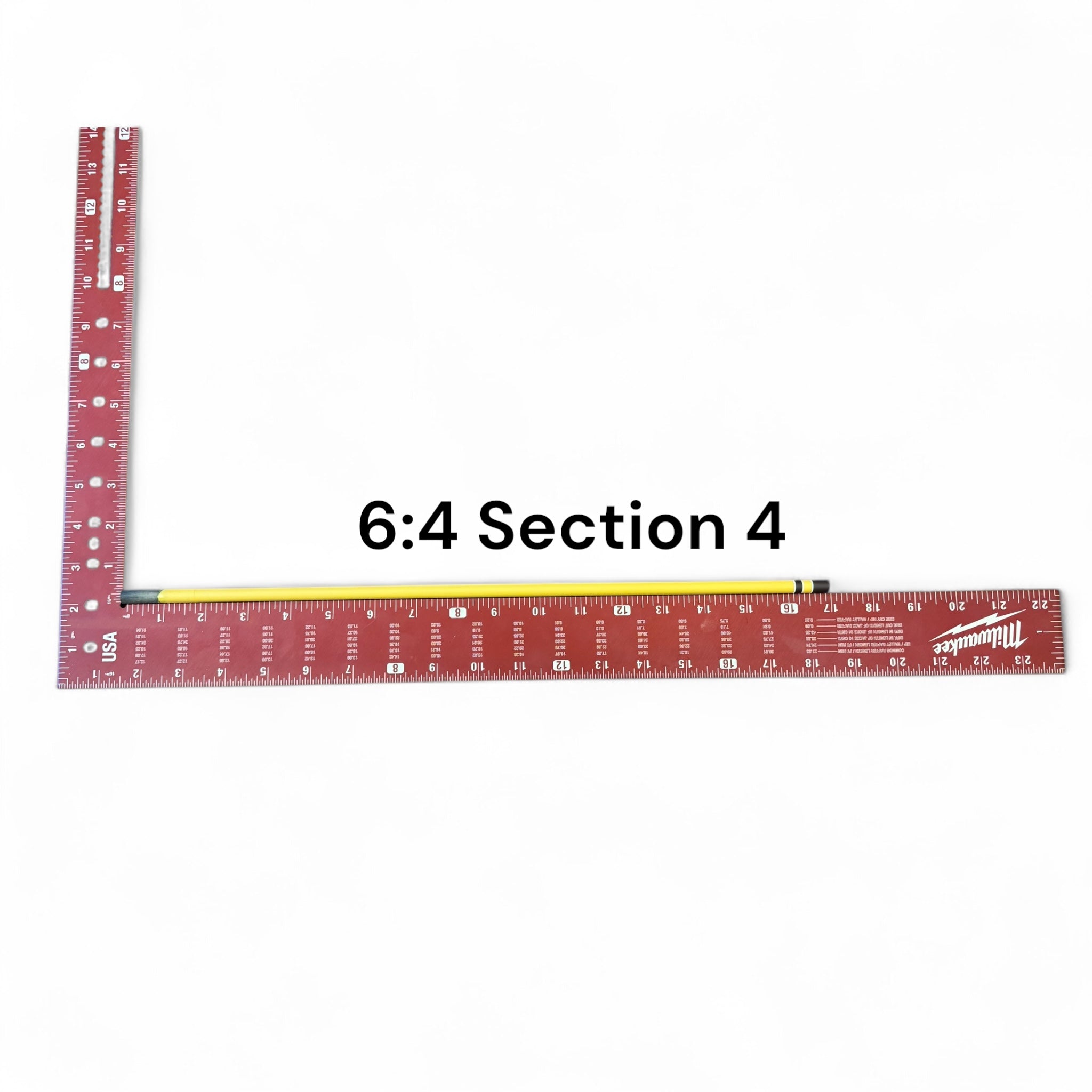 Section 4 of the Middle Fork 6:4 Tenkara Rod by Wasatch Tenkara Rods, displayed alongside a red measuring square for scale. The section features the rod’s yellow carbon fiber finish with brown accent bands.