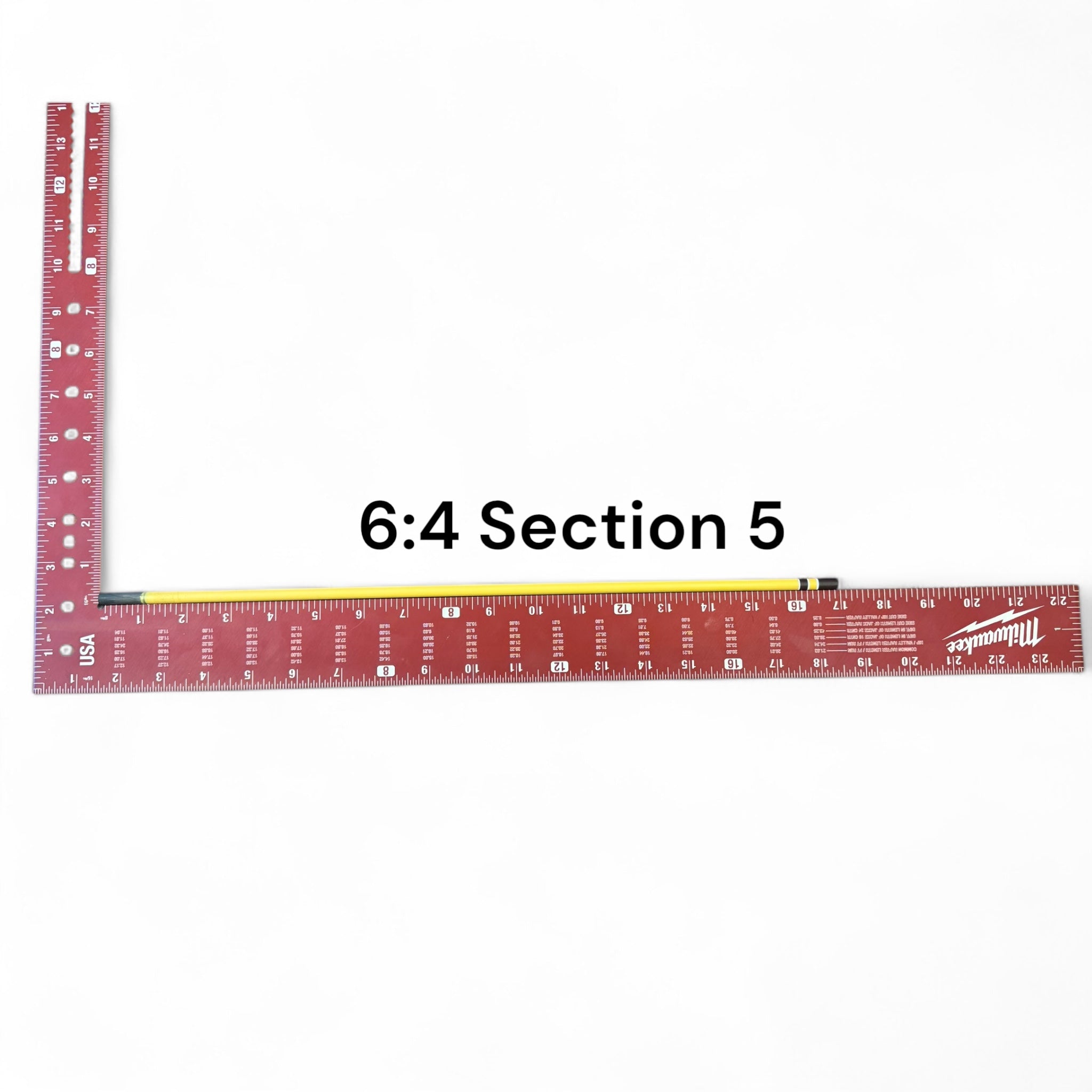 Section 5 of the Middle Fork 6:4 Tenkara Rod by Wasatch Tenkara Rods, displayed alongside a red measuring square for scale. The section features the rod’s yellow carbon fiber finish with brown accent bands.