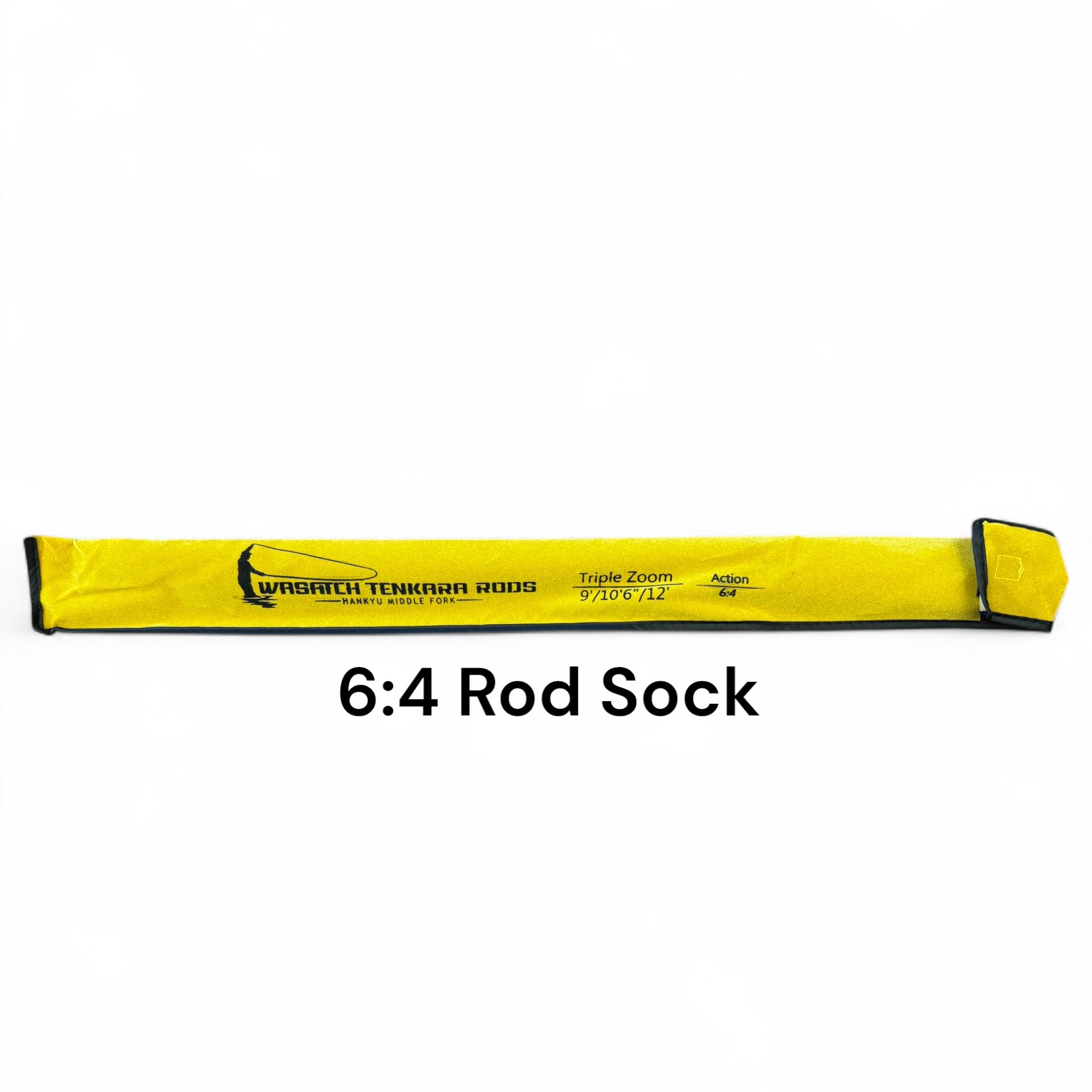 Yellow replacement rod sock for the Middle Fork 6:4 Tenkara Rod by Wasatch Tenkara Rods, labeled with “Triple Zoom 9'/10'6"/12'” and designed to protect your rod sections during travel and storage.