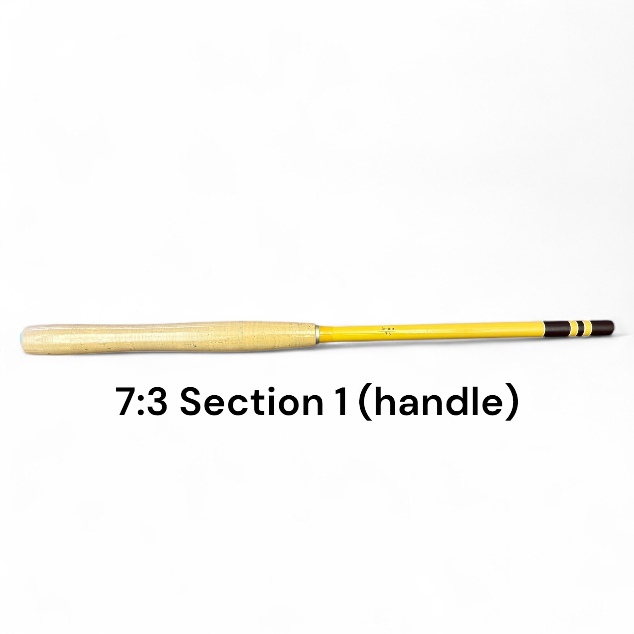 Close-up of the Section 1 handle from the Middle Fork 7:3 Tenkara Rod by Wasatch Tenkara Rods, featuring a cork grip and yellow carbon fiber body.