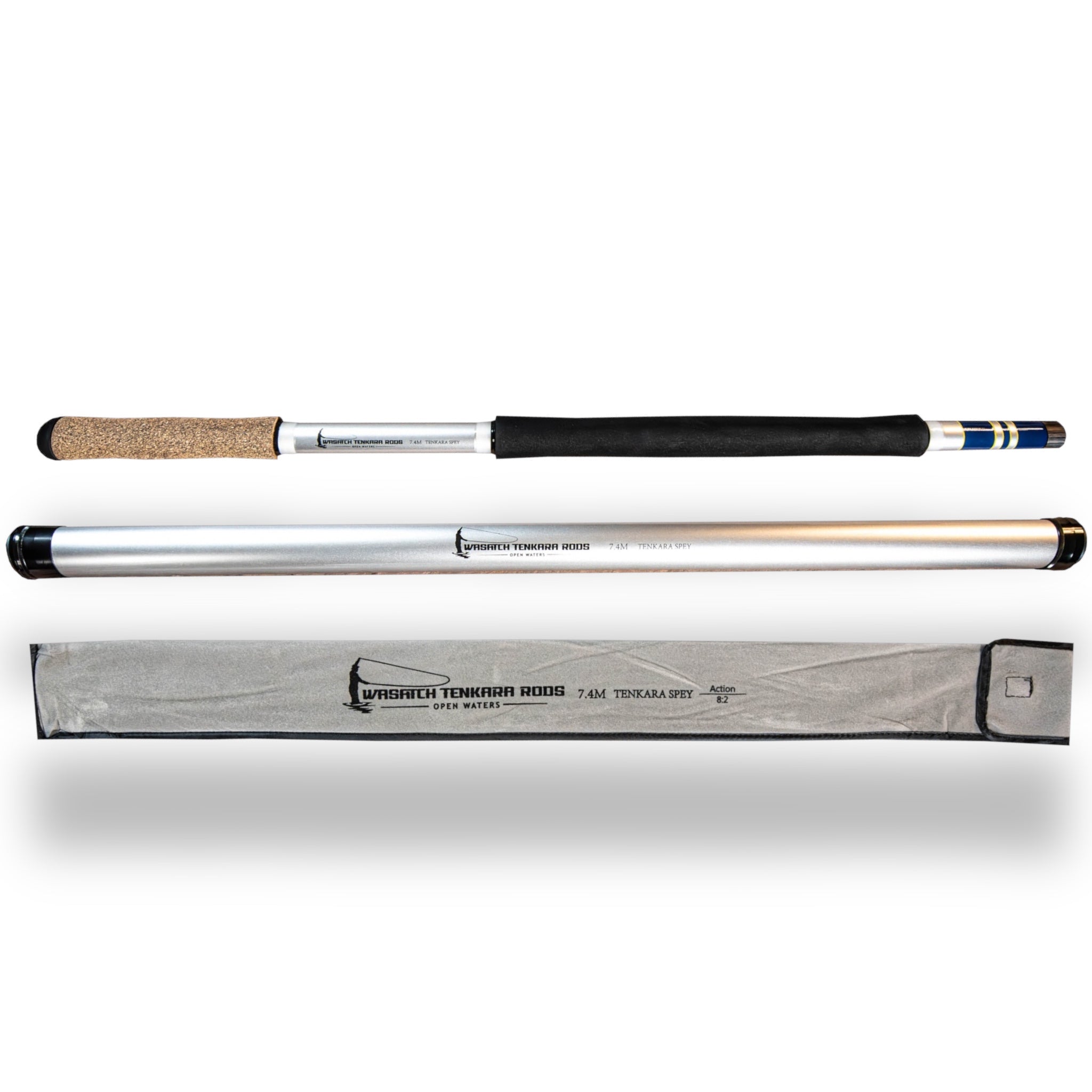 Wasatch Tenkara Rods Open Waters kit including the 7.4M tenkara spey rod, aluminum rod tube, and labeled protective rod sock.