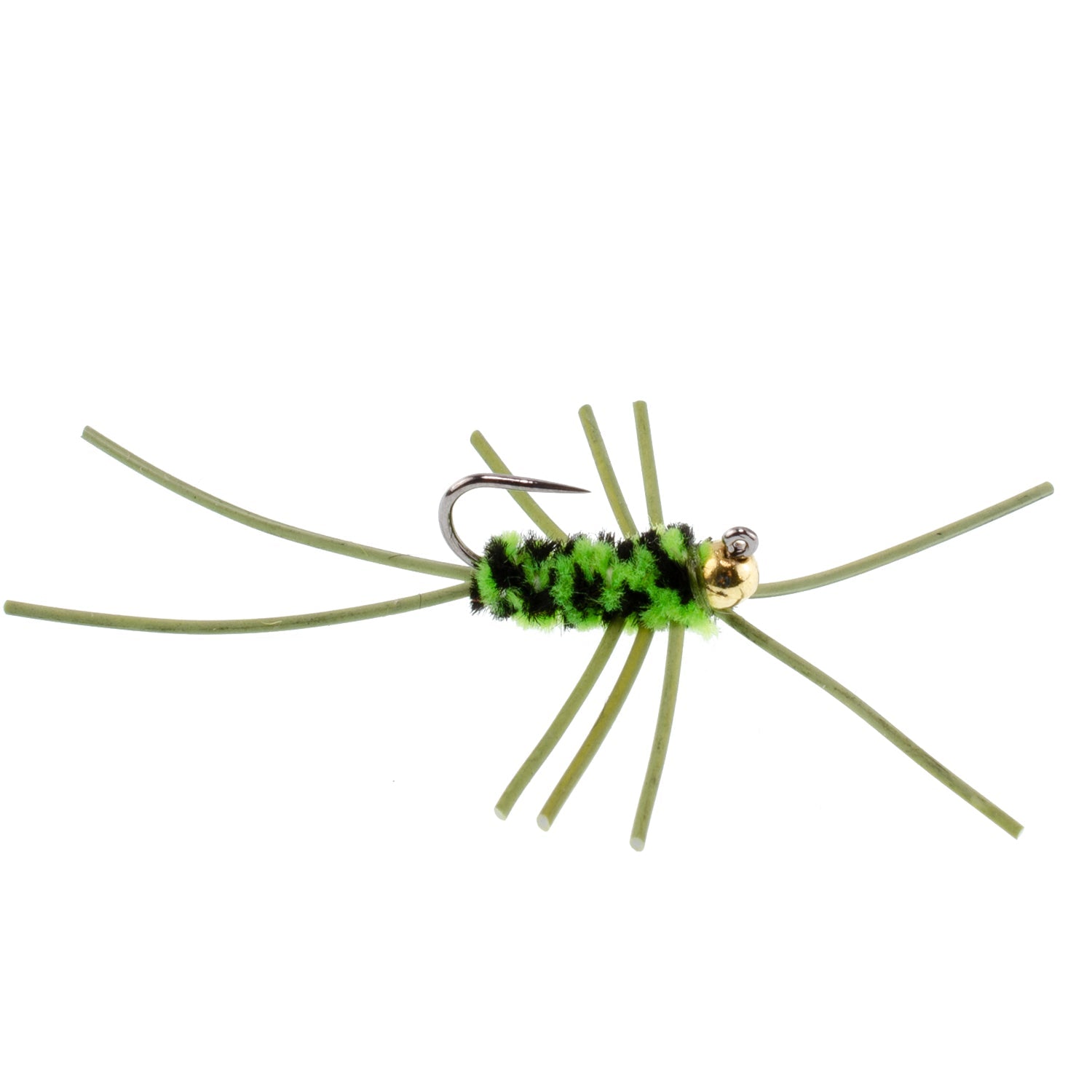 Barbless Pat's Rubber Legs Tungsten Bead Jigged Black/Chartreuse Euro Nymph - Set of 12 Flies Hook Size 10