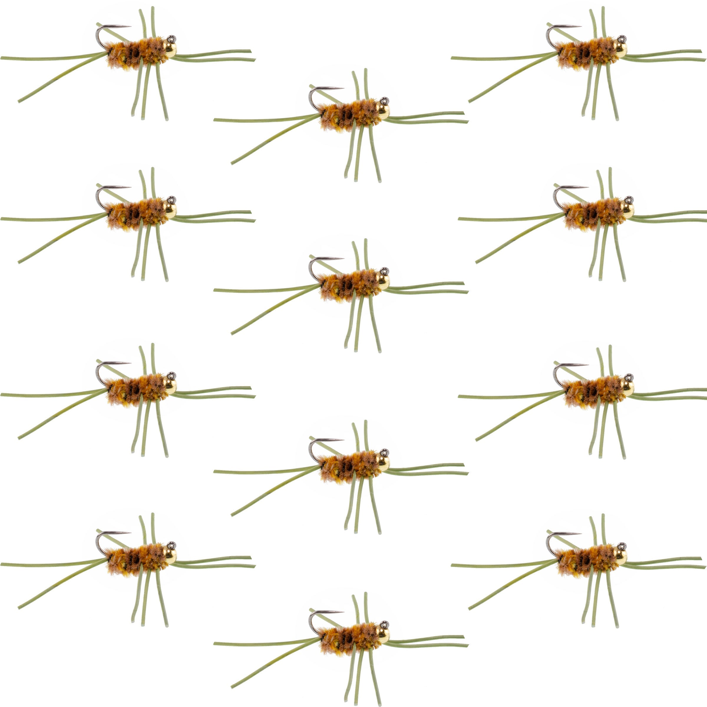 Barbless Pat's Rubber Legs Tungsten Bead Jigged Coffee/Tan Euro Nymph - Set of 12 Flies Hook Size 10