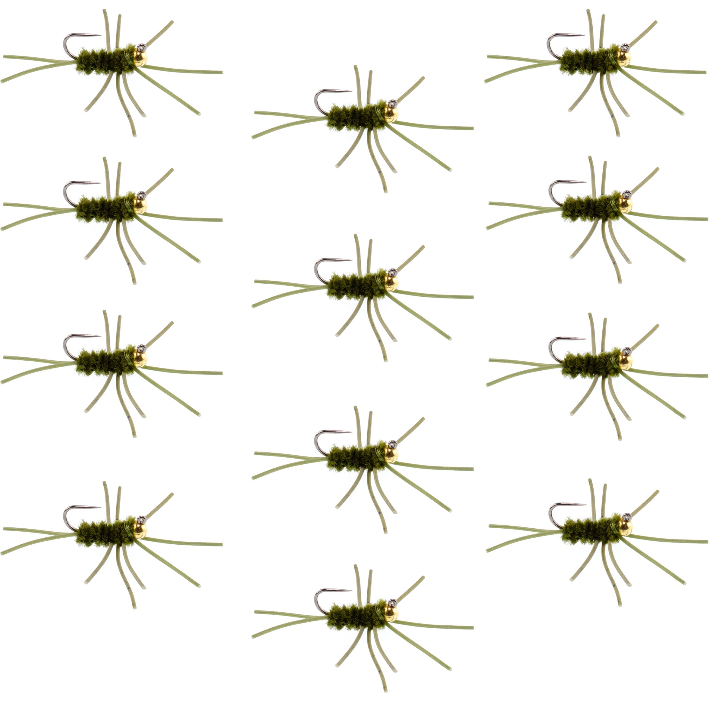 Barbless Pat's Rubber Legs Tungsten Bead Jigged Dark Olive Euro Nymph - Set of 12 Flies Hook Size 10