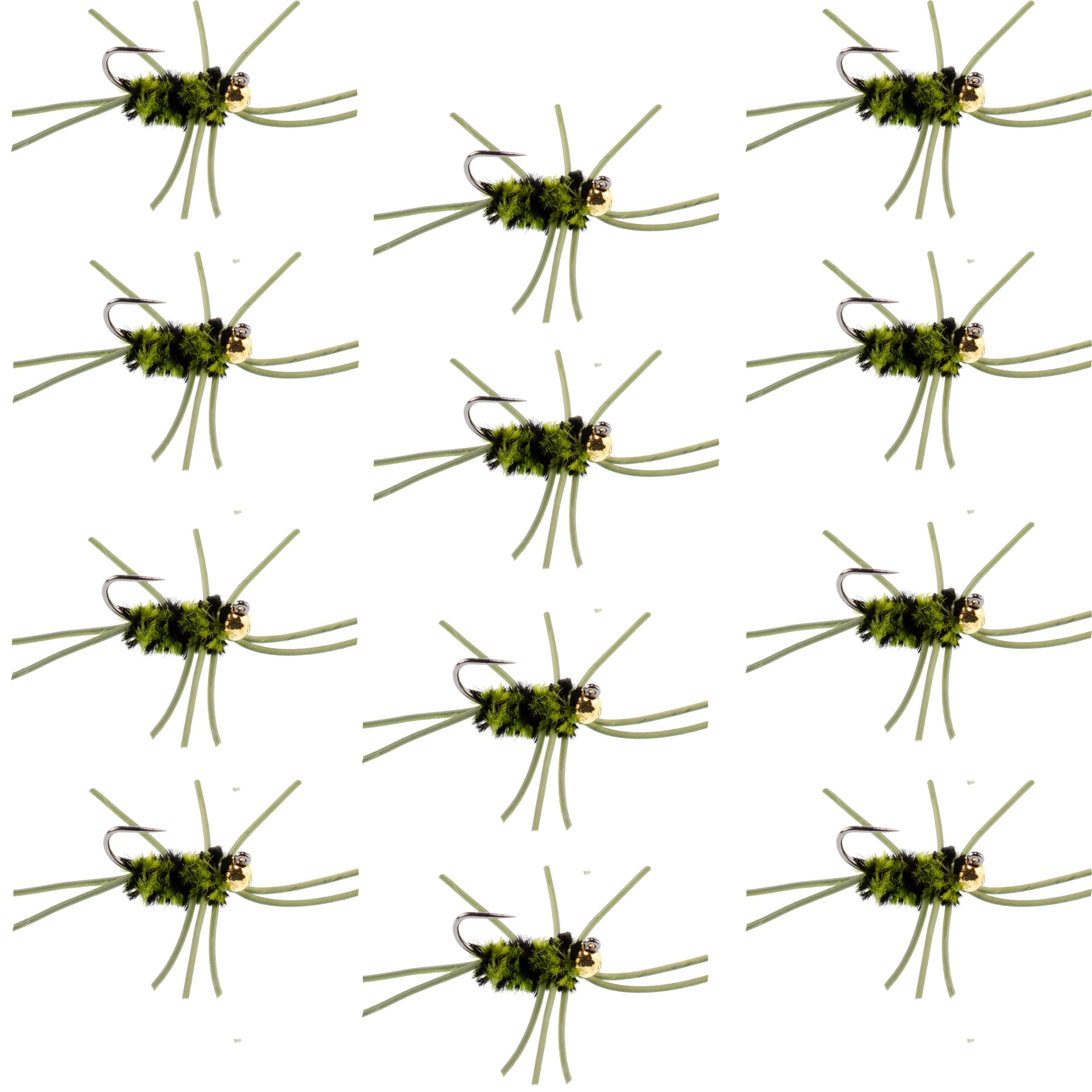 Barbless Pat's Rubber Legs Tungsten Bead Jigged Black/Olive Euro Nymph - Set of 12 Flies Hook Size 10