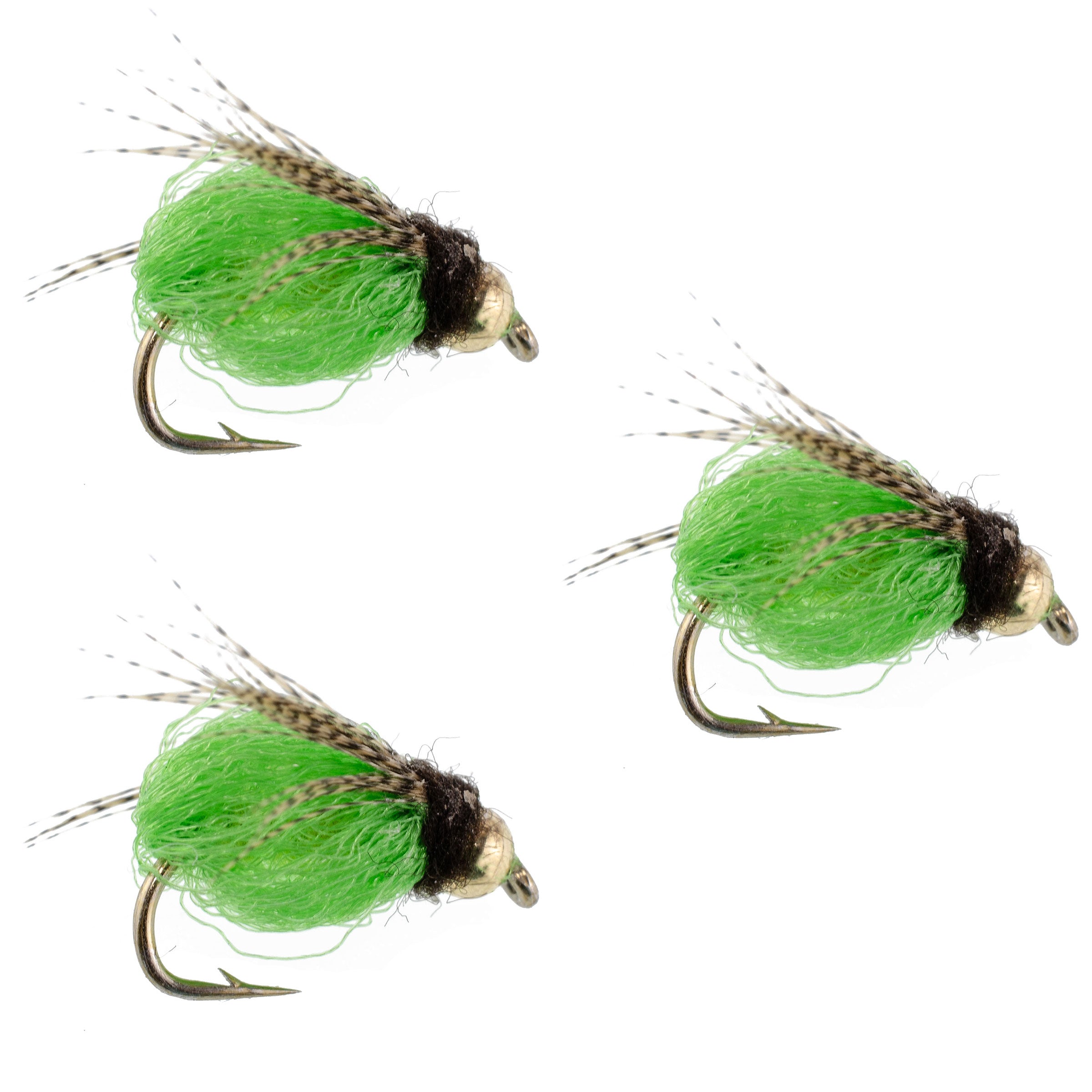 3 Pack Bead Head LaFontaine Bright Green Deep Sparkle Caddis Pupa - Hook Size 16