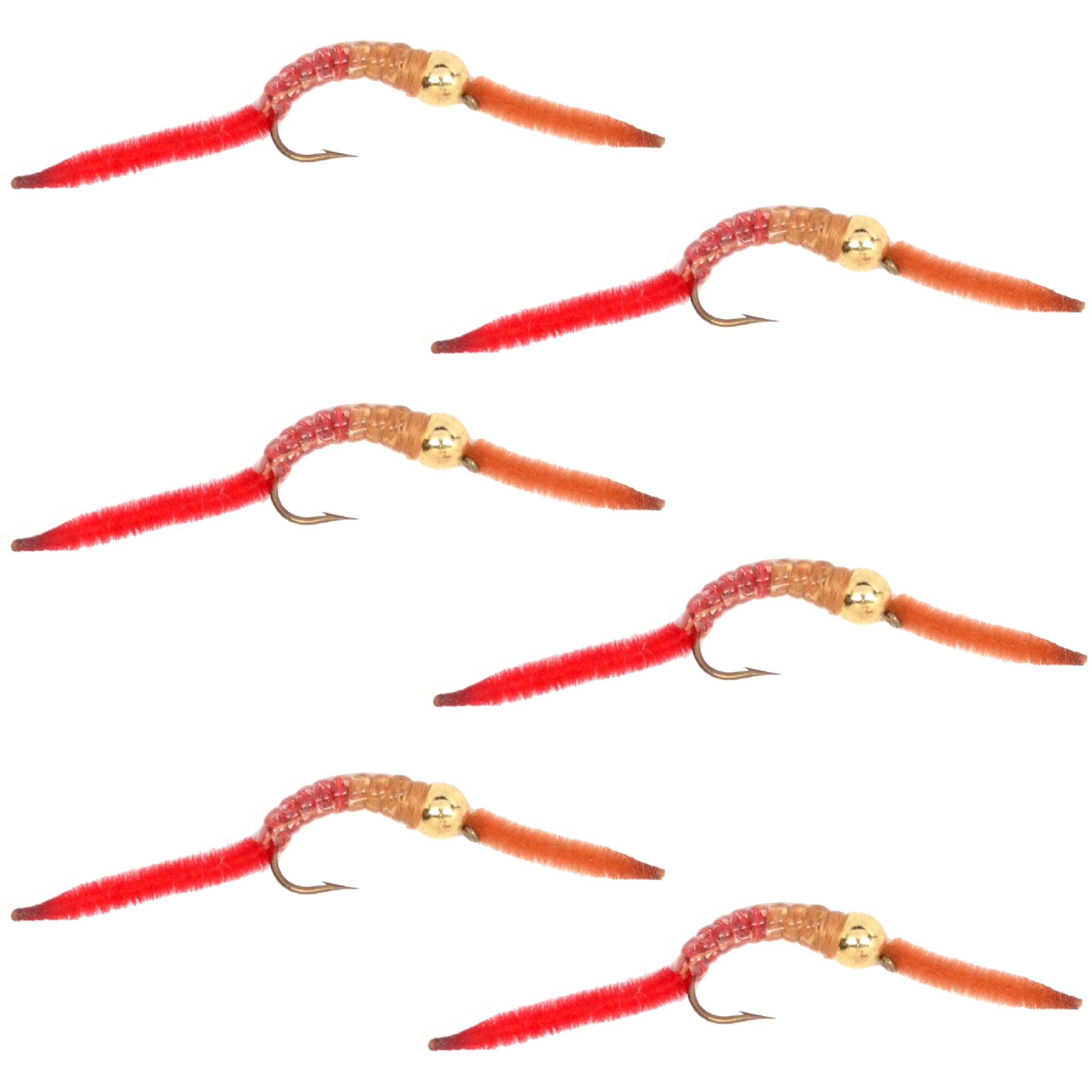 San Juan Worm Gold Bead Power Worm Half and Half - Set of 6 Nymph Flies Hook Size 14