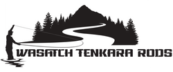 Wasatch Tenkara Rods Logo with Man Slingshot shooting a Tenkara rod.