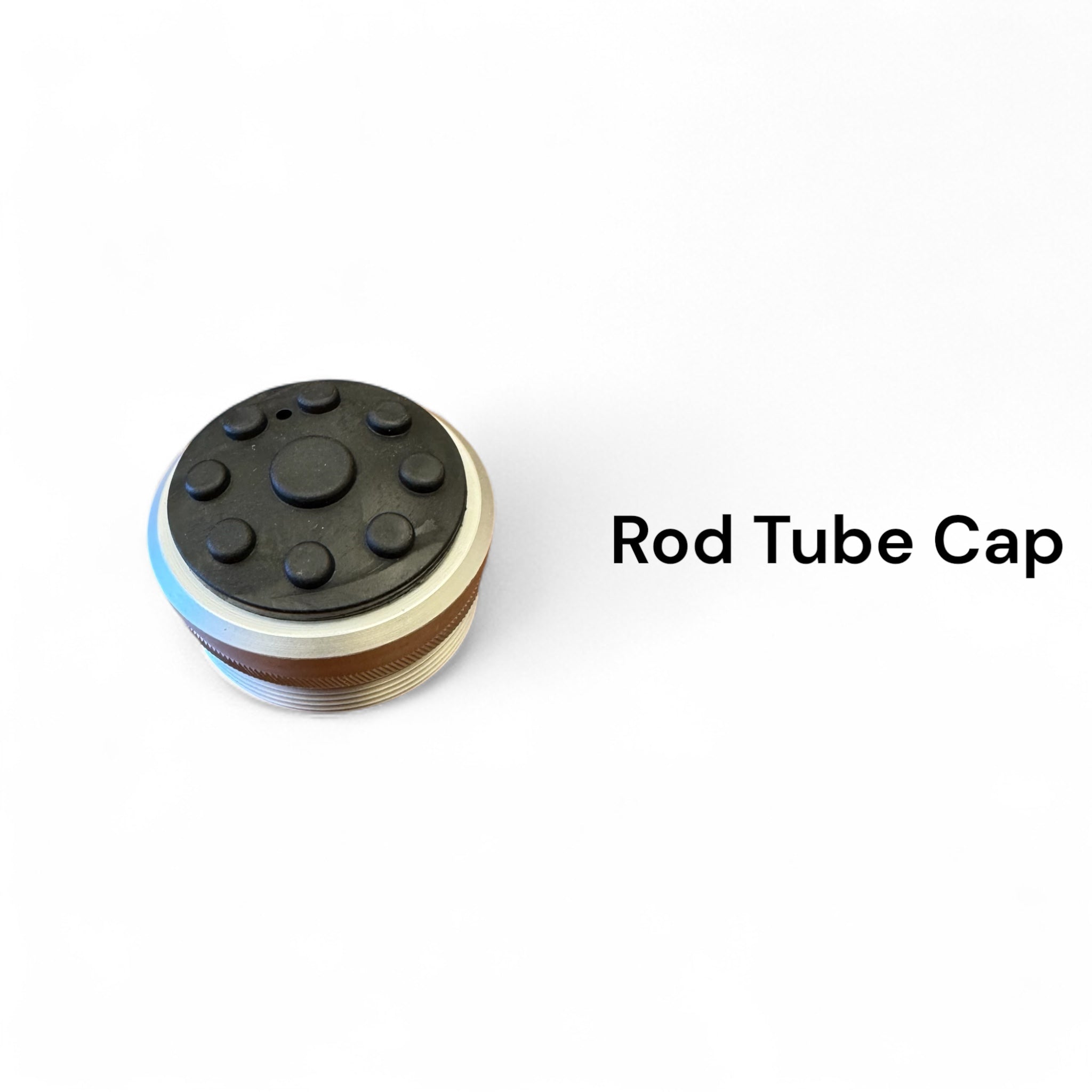 Close-up of a replacement rod tube cap for Wasatch Tenkara Rods, featuring a textured black rubber top and threaded aluminum base designed to securely seal and protect the Middle Fork rod tube.