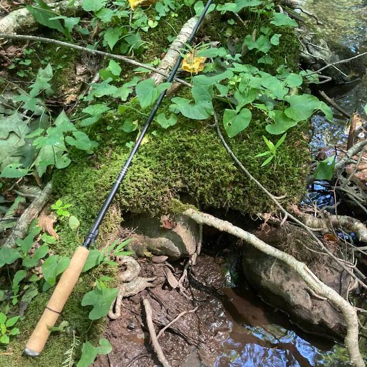 A lightweight Wasatch Tenkara Rods - Darth Quattro fishing rod with a cork handle is laid on a lush, moss-covered stream bank surrounded by green vegetation and tree roots. The peaceful scene includes a glimpse of a clear stream running beside the mossy ground, capturing the tranquility of a forest fishing spot.