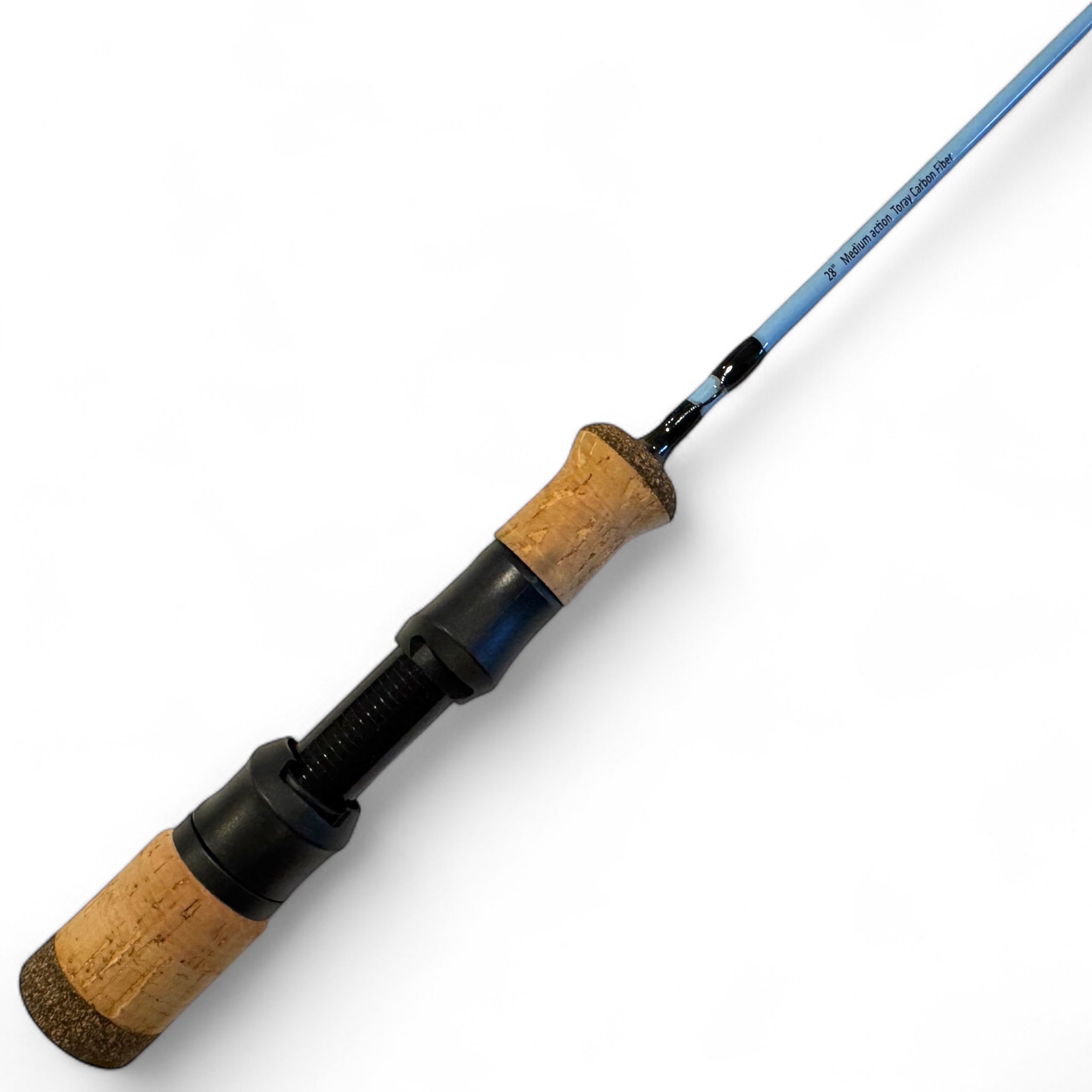 Detailed view of the Wasatch Tenkara ice rod handle showing contoured cork grips, black composite reel seat, and medium-fast action blue carbon fiber blank—built for sensitivity, comfort, and precision in light tackle fishing.