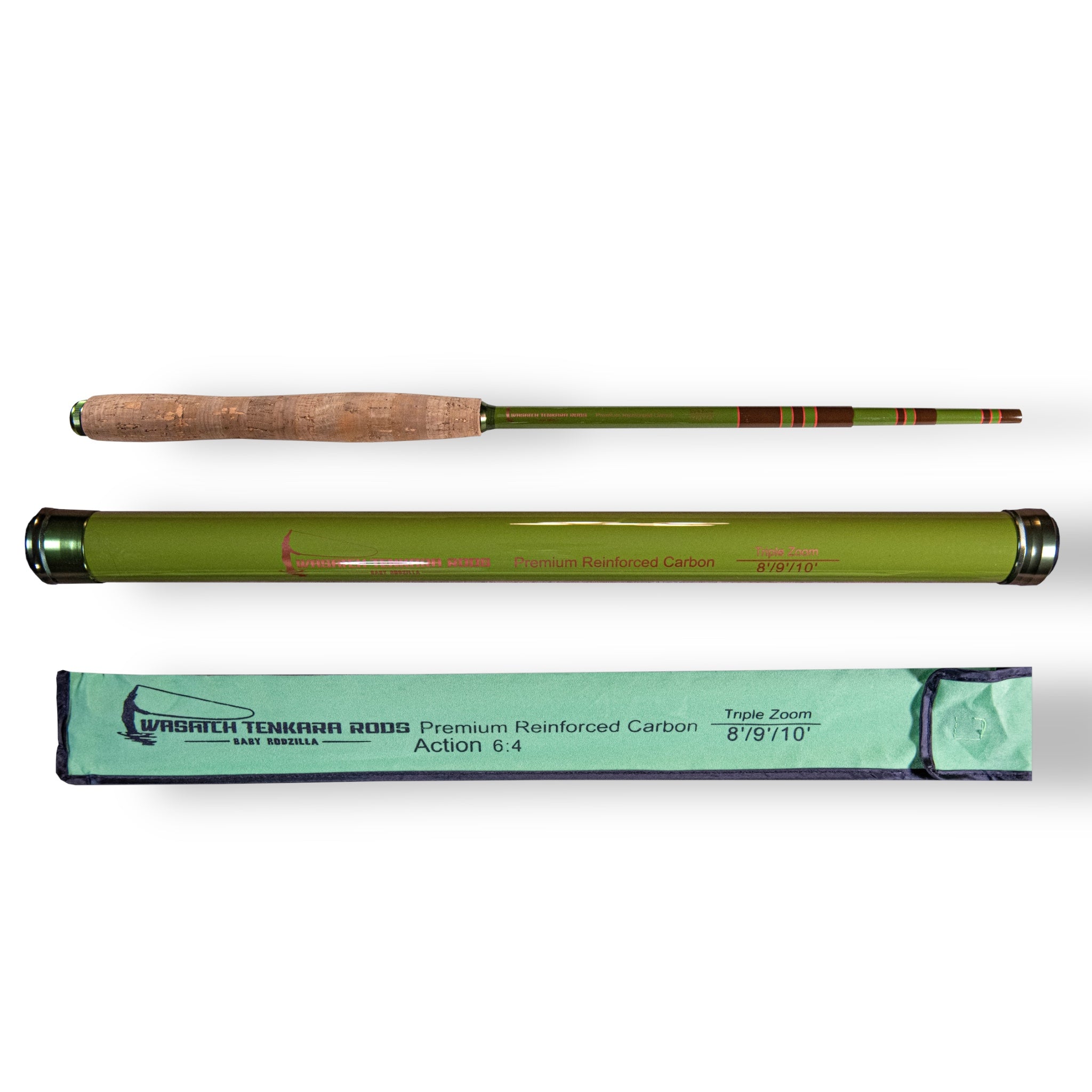 Wasatch Tenkara Rods Baby RodZilla tenkara rod shown fully extended with included rod tube and cloth sleeve, featuring premium reinforced carbon construction, triple zoom action (8', 9', 10'), and 6:4 flex profile for small stream fishing.