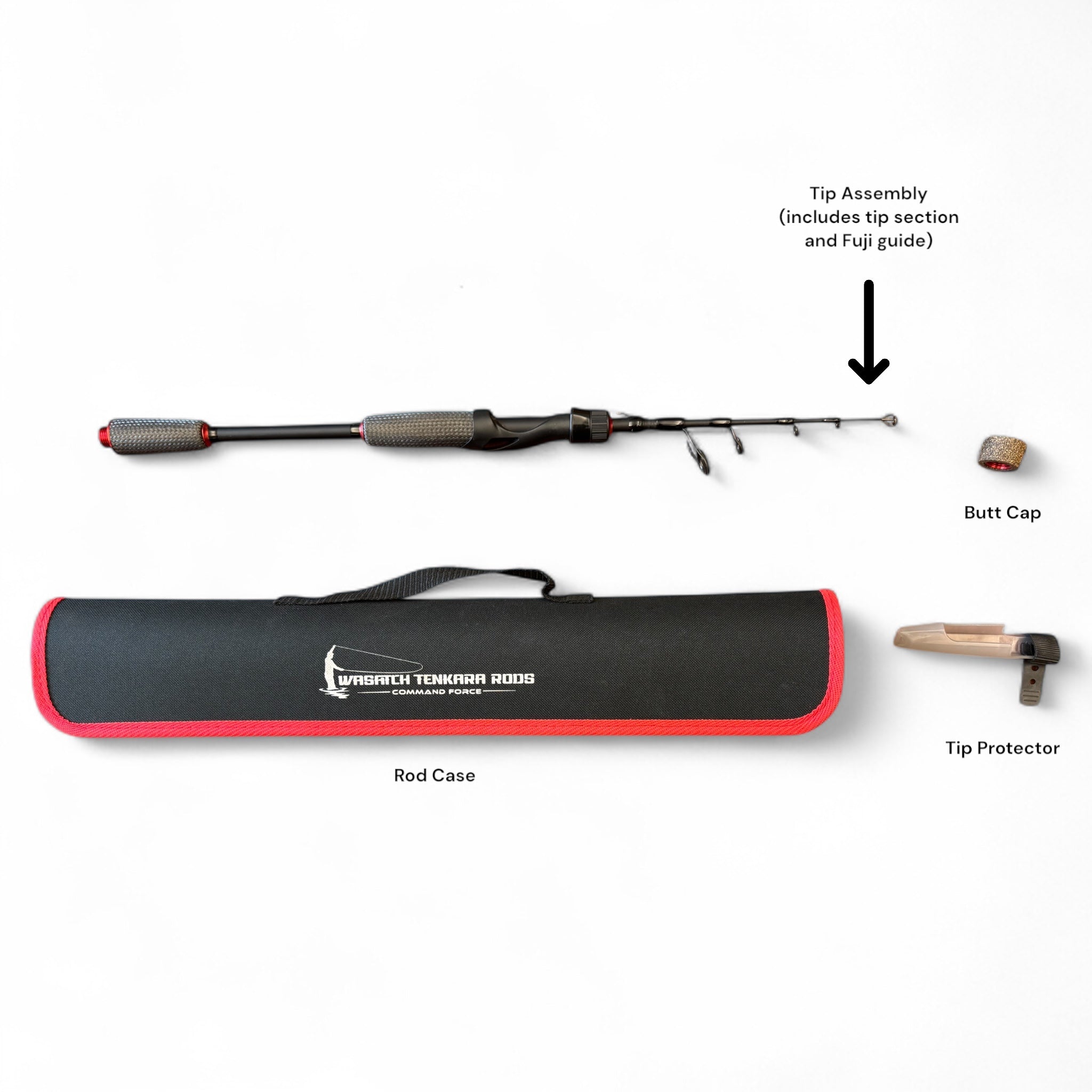 Flat lay of Wasatch Tenkara Rods Command for Spin replacement parts, including the tip assembly with Fuji guide, butt cap, rod case, and tip protector – premium components for maintaining your spin rod's performance and durability.