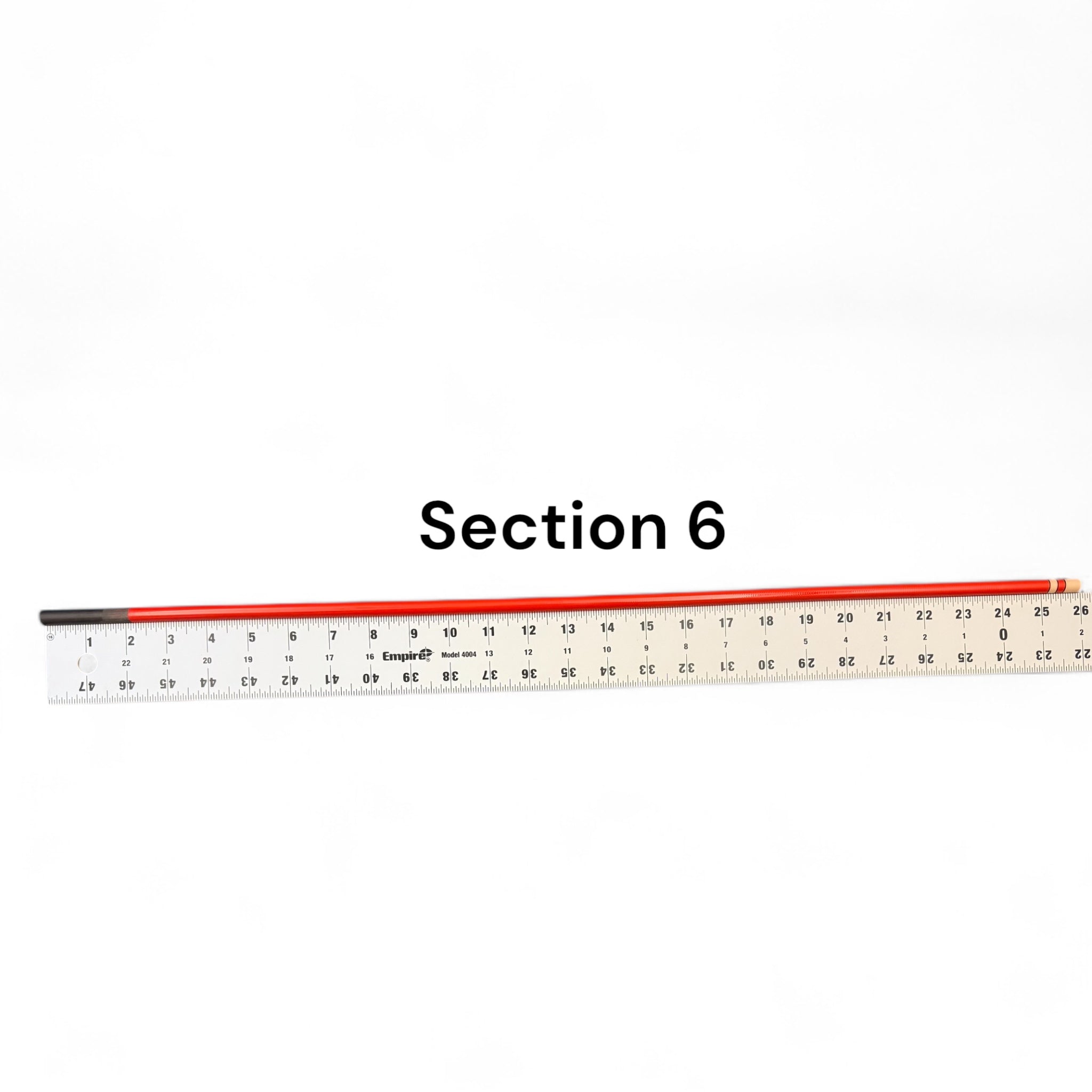 Section 6 replacement segment for Phoenix Rising Tenkara rod by Wasatch Tenkara Rods, shown with ruler for length reference. Durable red carbon fiber construction for precision and performance.