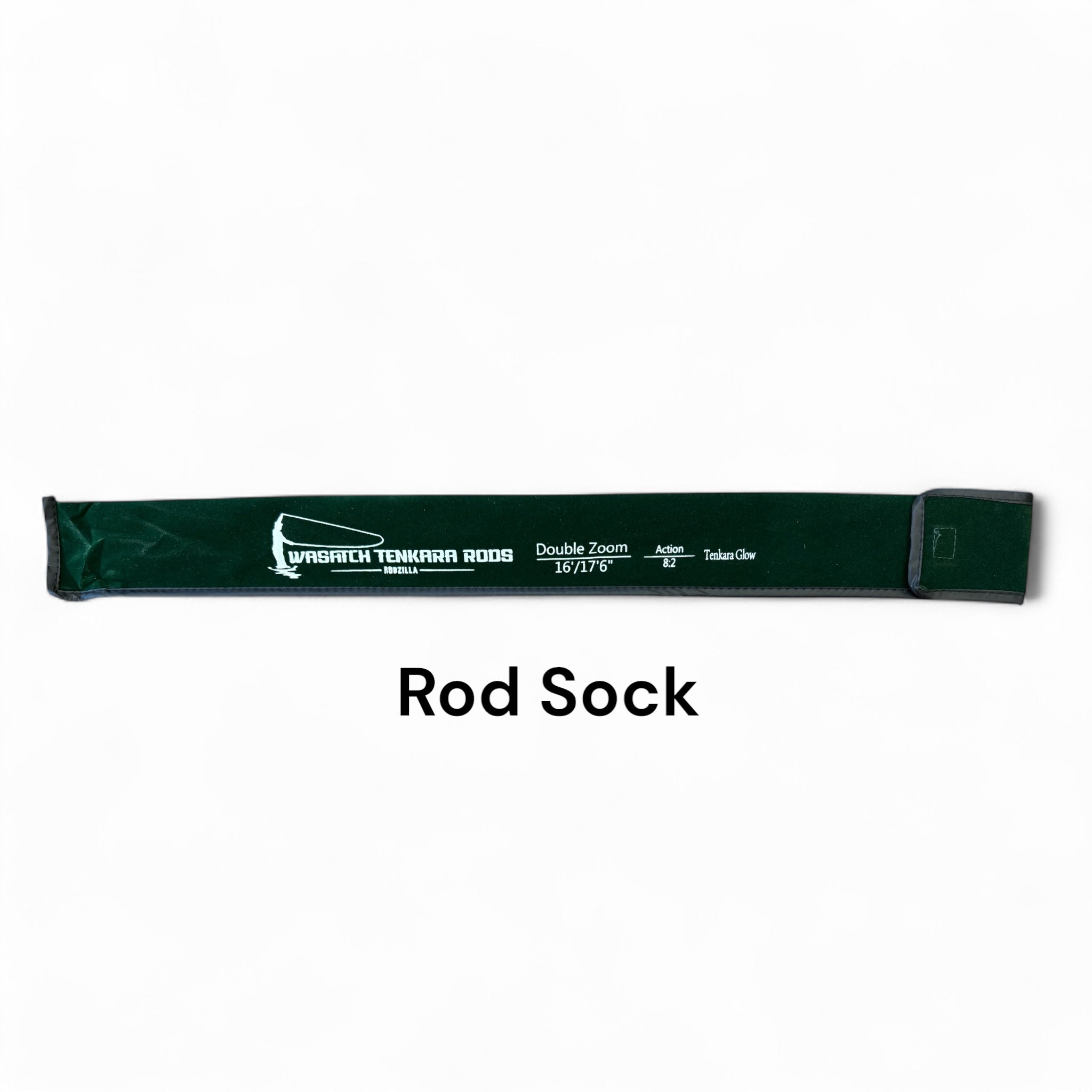 Replacement rod sock for the Wasatch Tenkara Rods RodZilla, labeled with Double Zoom 16'/17'6", Action 8:2, and Tenkara Glow branding—provides protective storage for rod components during transport and storage.