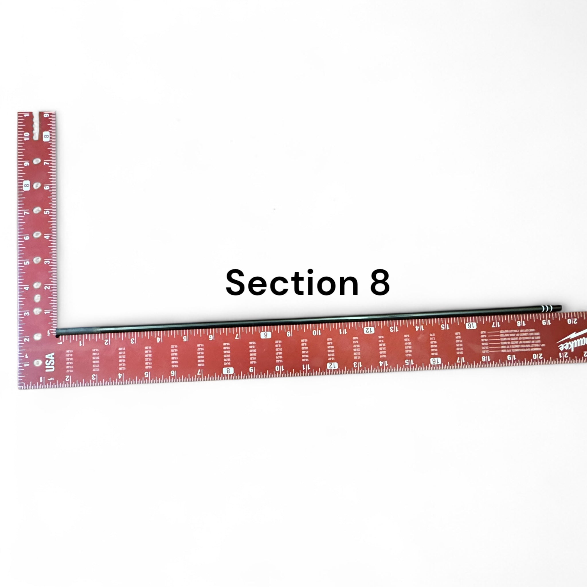 Replacement Section 8 for the Wasatch Tenkara Rods RodZilla, shown next to a red Milwaukee square ruler for scale—precision-engineered for a perfect fit and continued performance in multi-section tenkara rod setups.