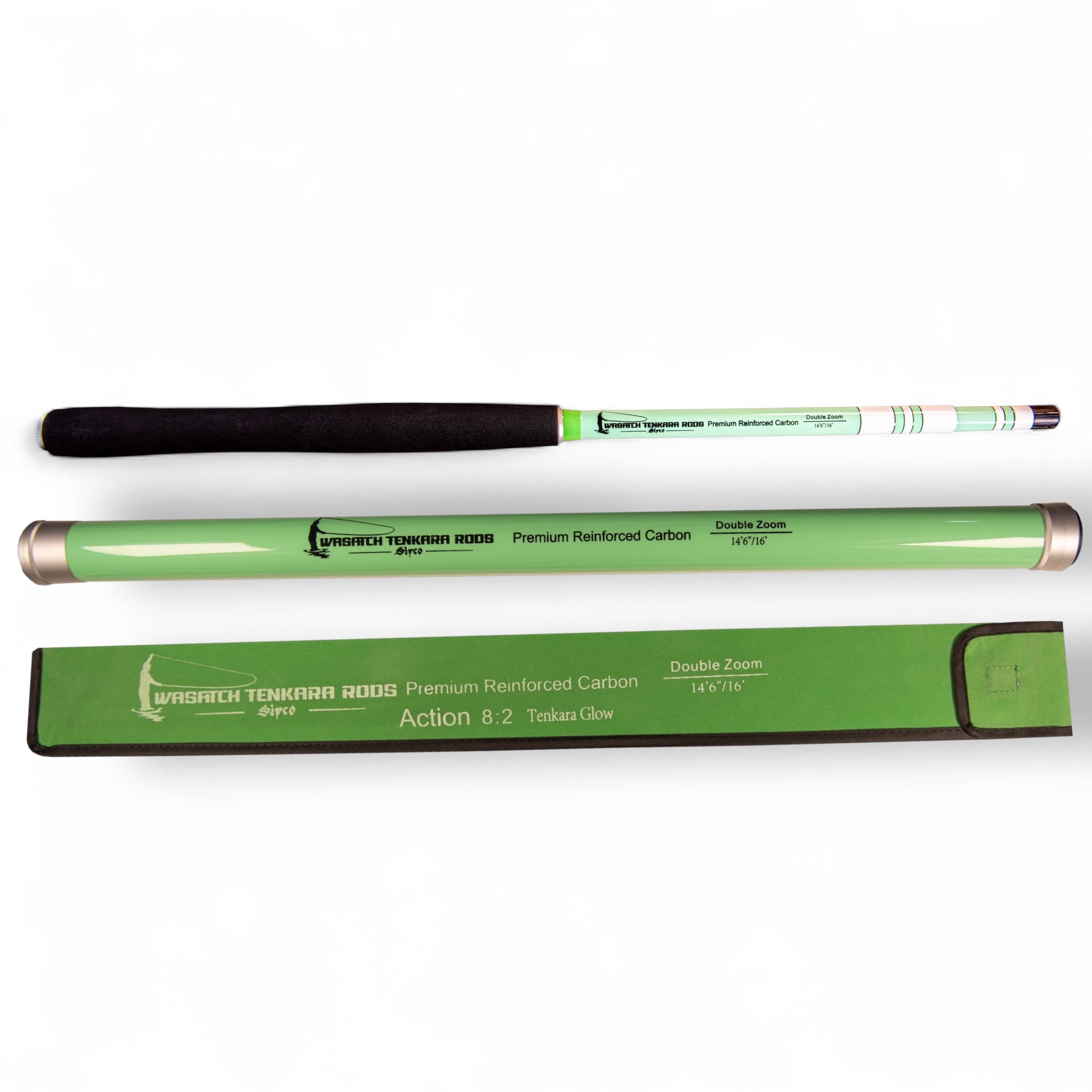 Complete Wasatch Tenkara Rods SIYCO kit including the green fixed-line tenkara rod, matching rod tube, and soft storage sock; features premium reinforced carbon construction, 8:2 action, and double zoom lengths of 14’6” and 16’.