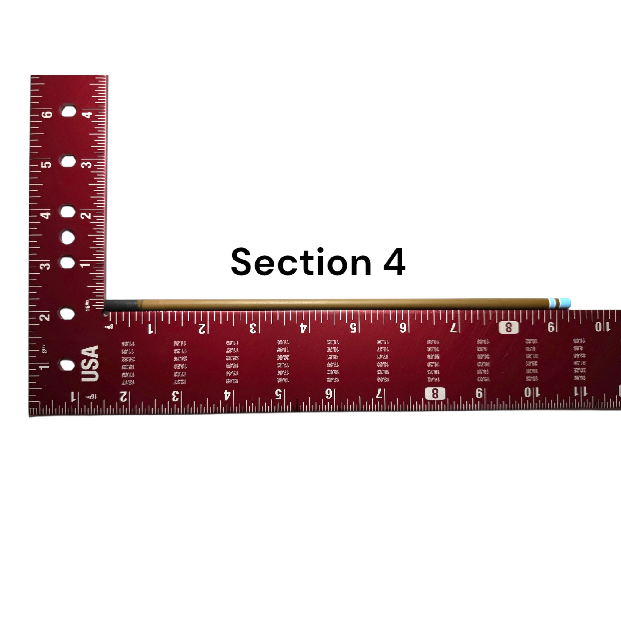 Section 4 of the Wasatch Tenkara Rods Snub Nose IV placed against a red measuring square for size reference, showing custom color banding and precision fit design for modular rod construction.
