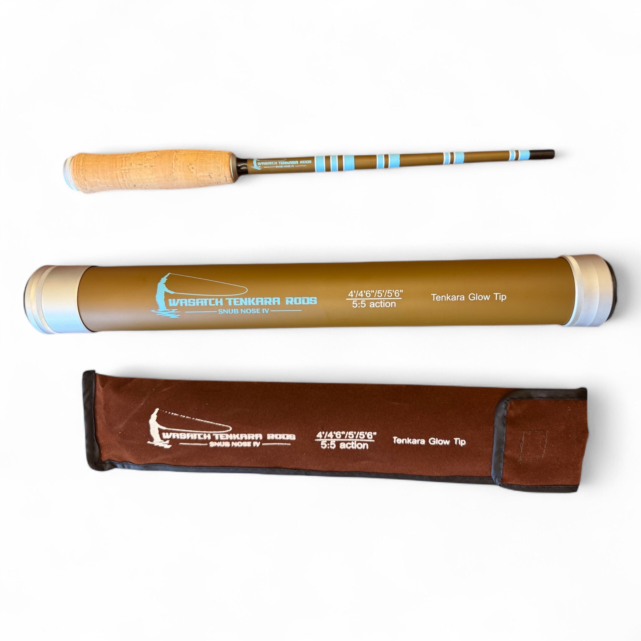 Wasatch Tenkara Rods Snub Nose IV compact fly fishing rod displayed with its protective hard tube and soft case, featuring 5:5 action, Tenkara Glow Tip, and adjustable lengths of 4', 4'6", 5', and 5'6" for versatile backcountry fishing.