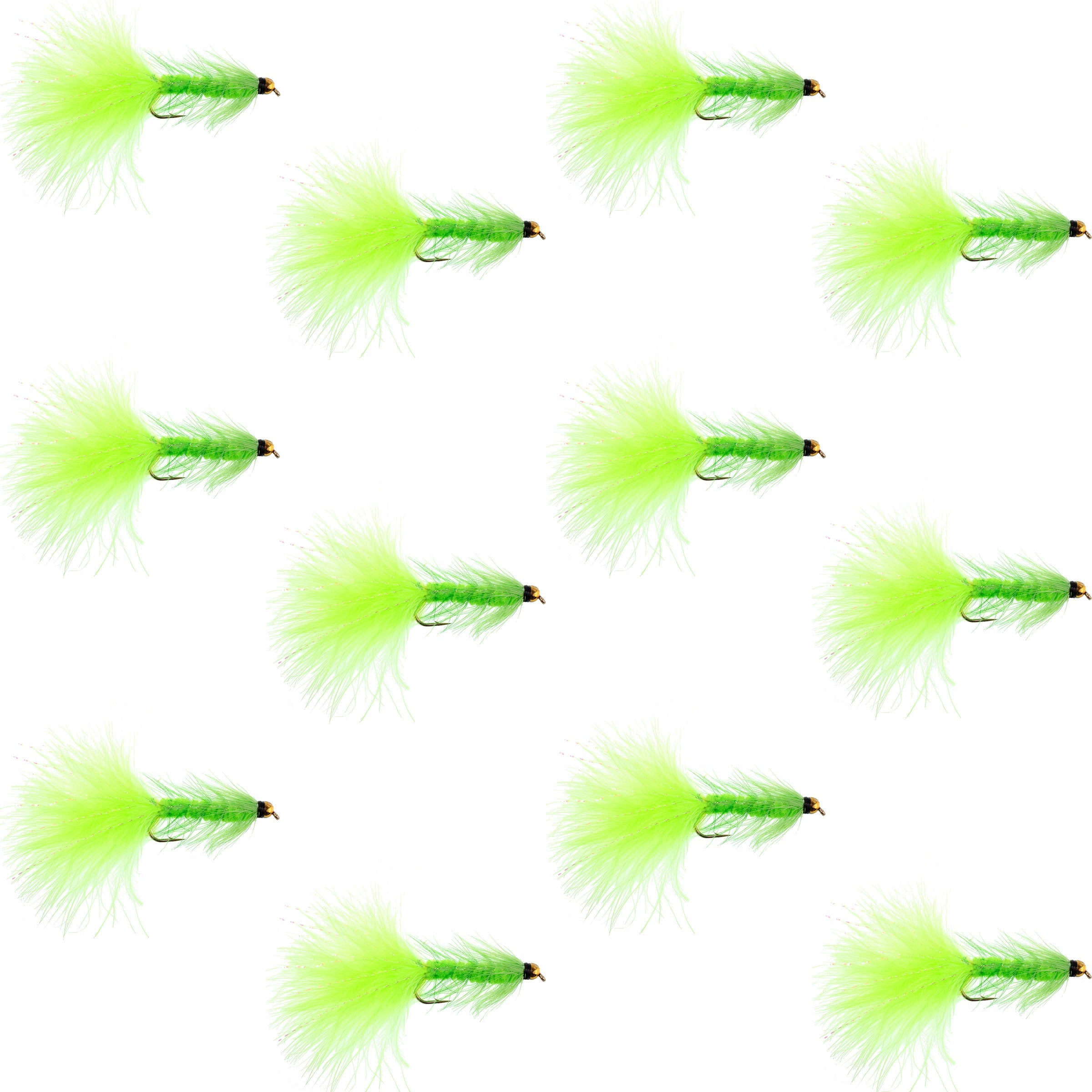 Chartreuse Bead Head Crystal Woolly Bugger Streamer Fly - 12 Flies - Size 8